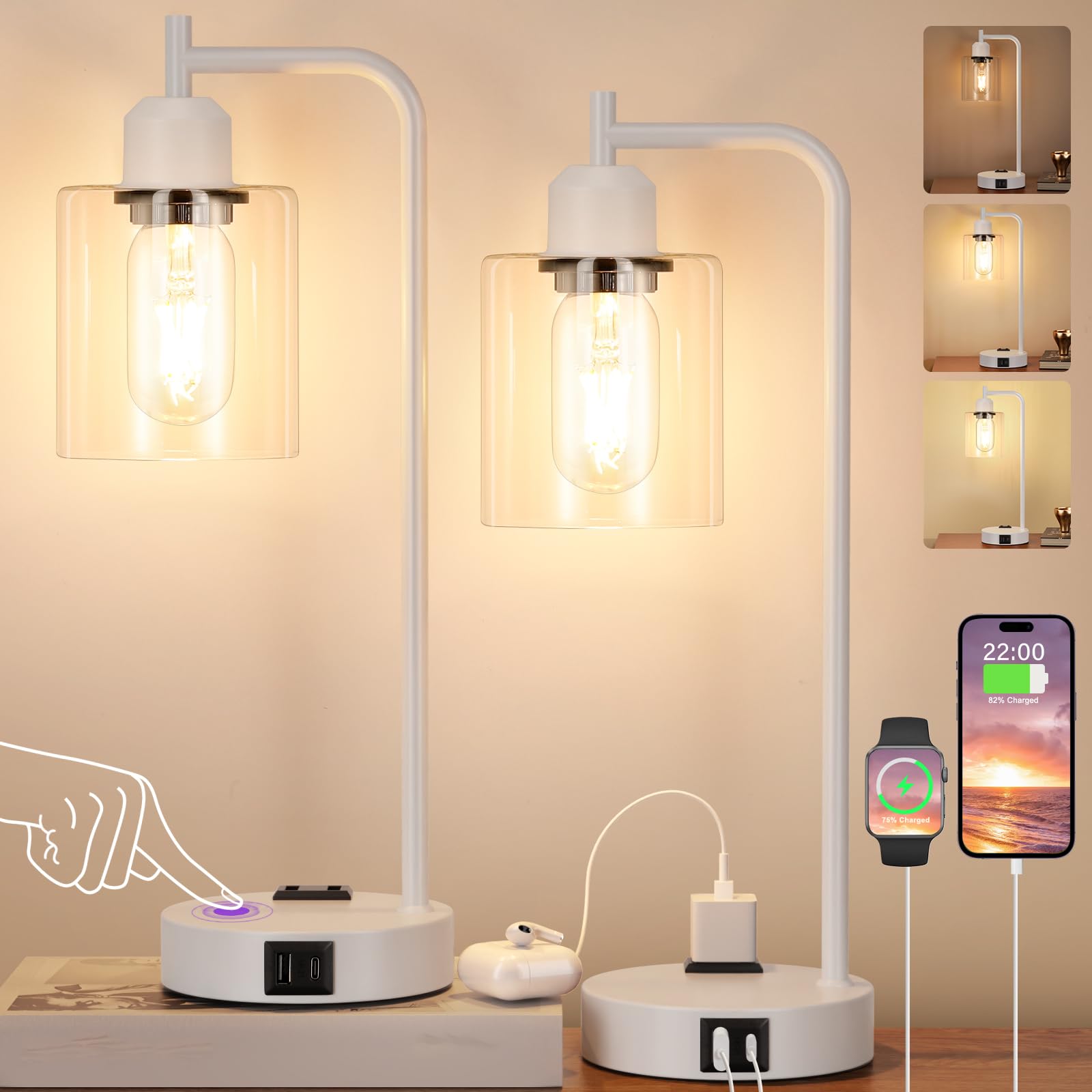 Innqoo Industrial White Table Lamps For Bedrooms Set Of 2-3-Way Dimmable Desk Lamp With Usb C+A Ports And Outlet, White Lamps Wi