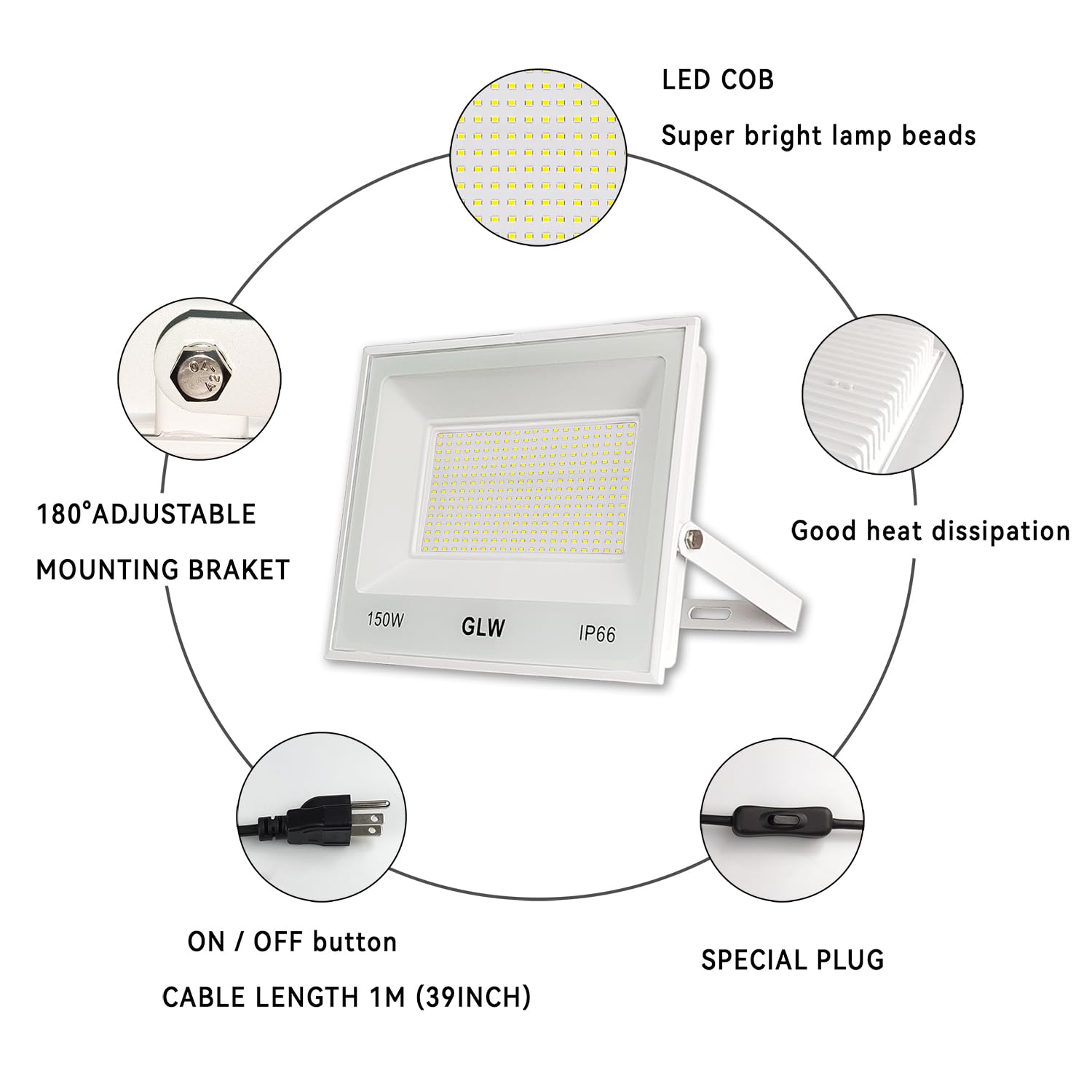 Glw 150W Led Flood Lights Outdoor 2 Pack,13000Lm Super Bright Security Light, Ip66 Waterproof Outdoor Floodlight,6500K Daylight