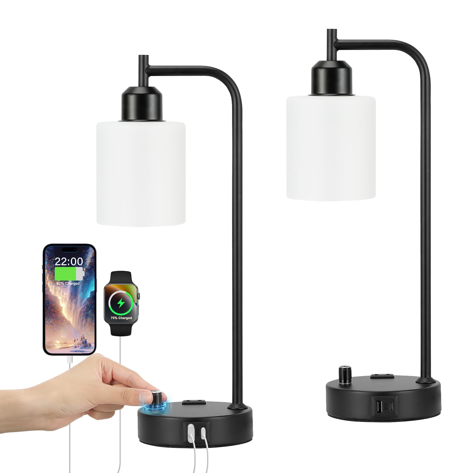 Innqoo Industrial Bedroom Lamps Set of 2 - Fully Dimmable, Opal Glass Shade, USB A/C Ports, Black, Model 2-2