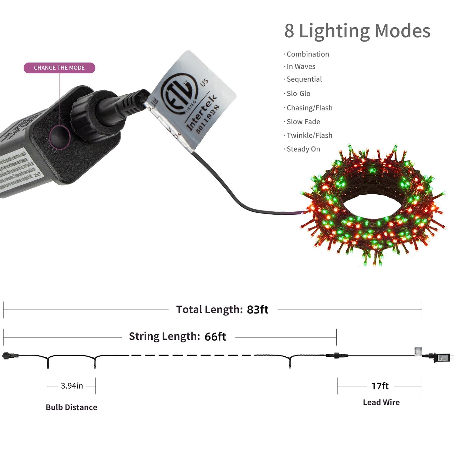 Home Lighting 66Ft Christmas Decorative Mini Lights, 200 Led Green Wire Fairy Starry String Lights Plug In, 8 Lighting Mode, For Indoor Outdoor Xmas Tree Wedding Party Garden Decoration (Red & White)