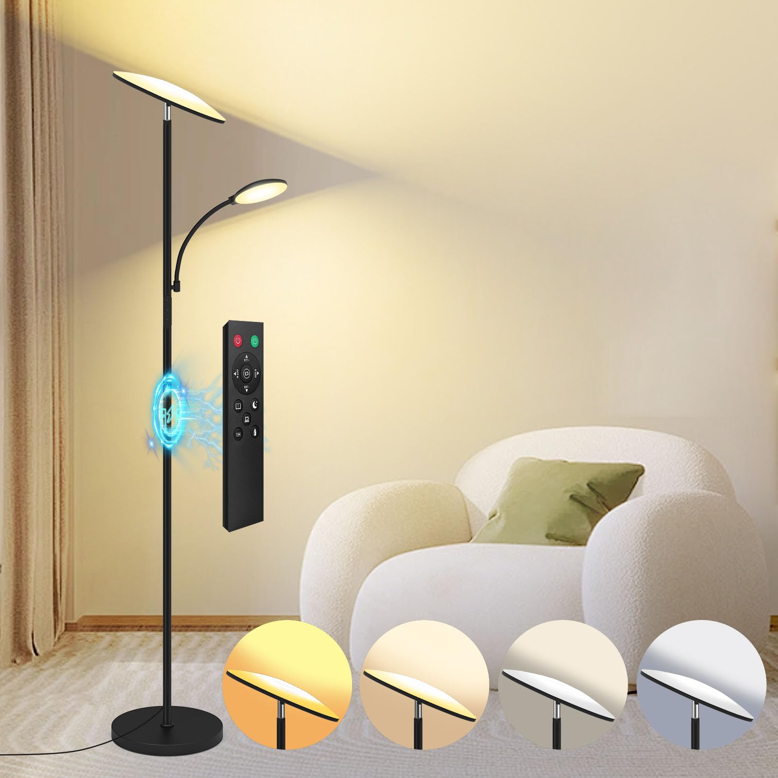 Floor Lamp, 2025 Upgraded 42W 4500Lm Super Bright Led Floor Lamp With Rotatable Reading Light, Touch Remote Control & Memory Fun