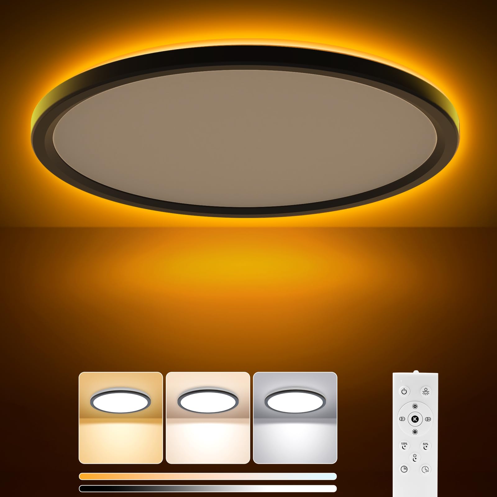 Amazefan 15 Inch Led Flush Mount Ceiling Light - 36W Dimmable, Night Light, Black, Model: Led Deckenleuchte