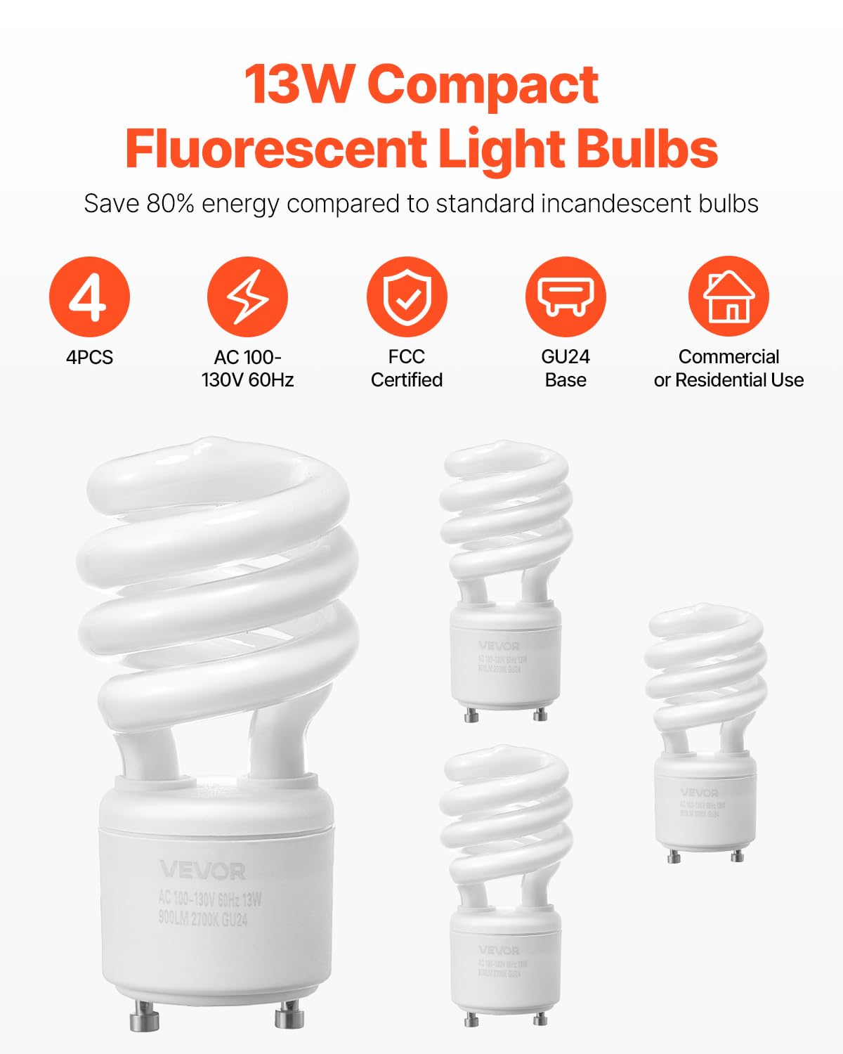 VEVOR 4-Pack CFL Light Bulbs, 13W, 2700K Warm Light, 900lm, GU24 Base, White, Model SN298