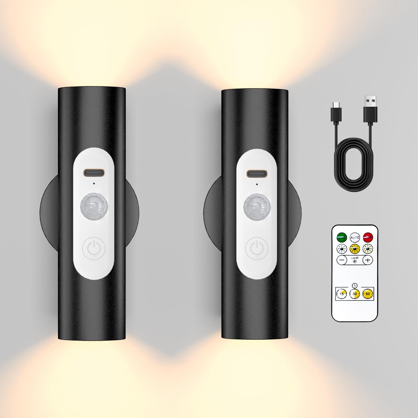 WOBSION Motion Sensor Wall Light, Rechargeable, Brightness Adjustable, 3 Color Modes, f1.18*4.37in, Black, Model CL-K67-B, 2 Pack