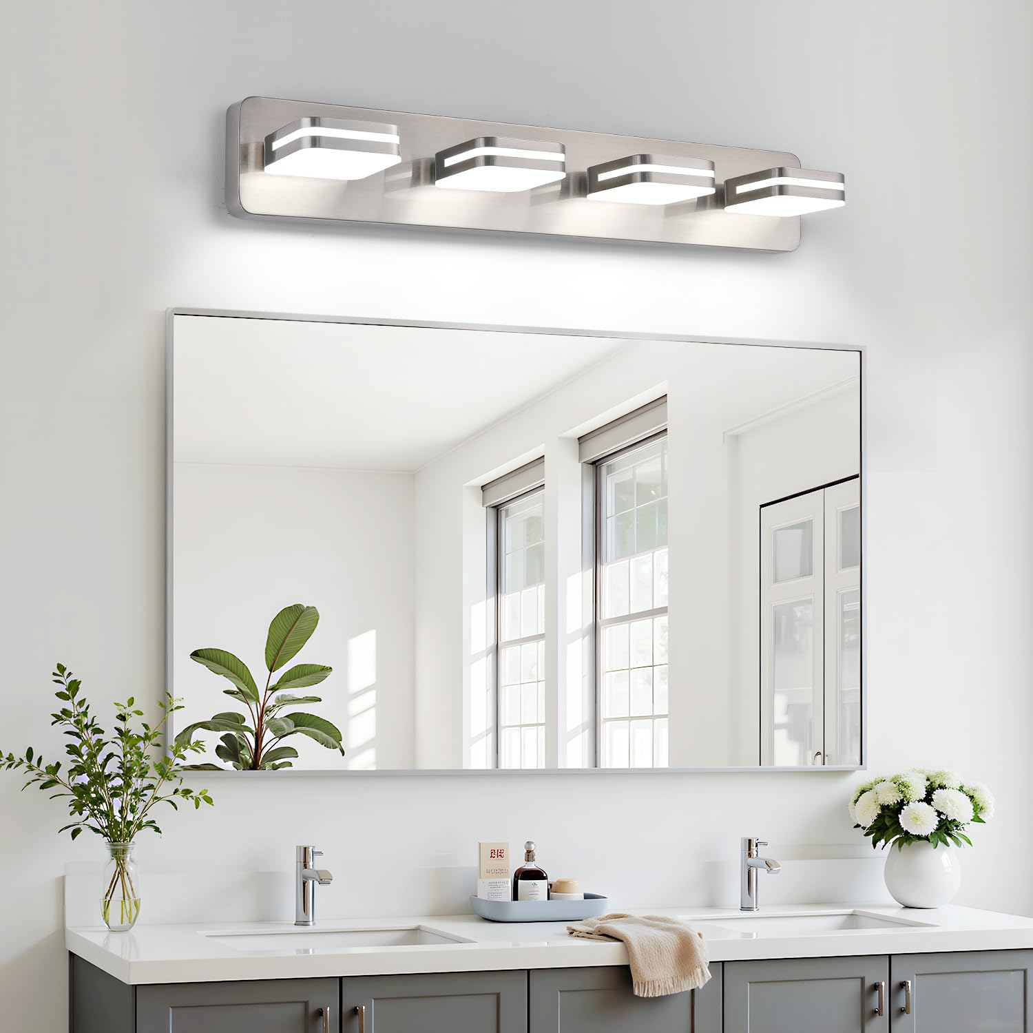 Torondo 4-Light LED Bathroom Vanity Light, 1600LM Acrylic in Brushed Nickel, 27-Inch, 5000K Natural White, Model HJ0W28-4
