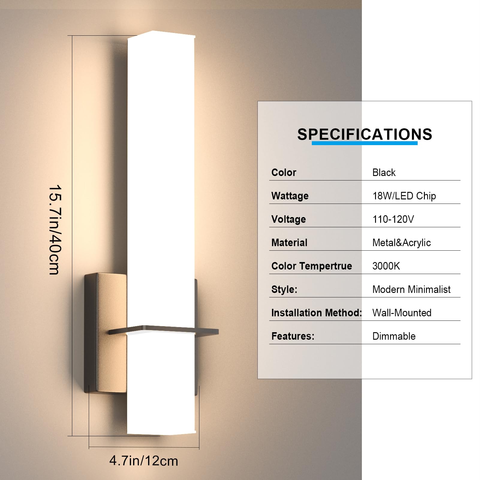 Aoceley LED Wall Sconces Set of Two, 18W Dimmable Acrylic Shade, Hardwired Lighting for Bathroom, Living Room, Black
