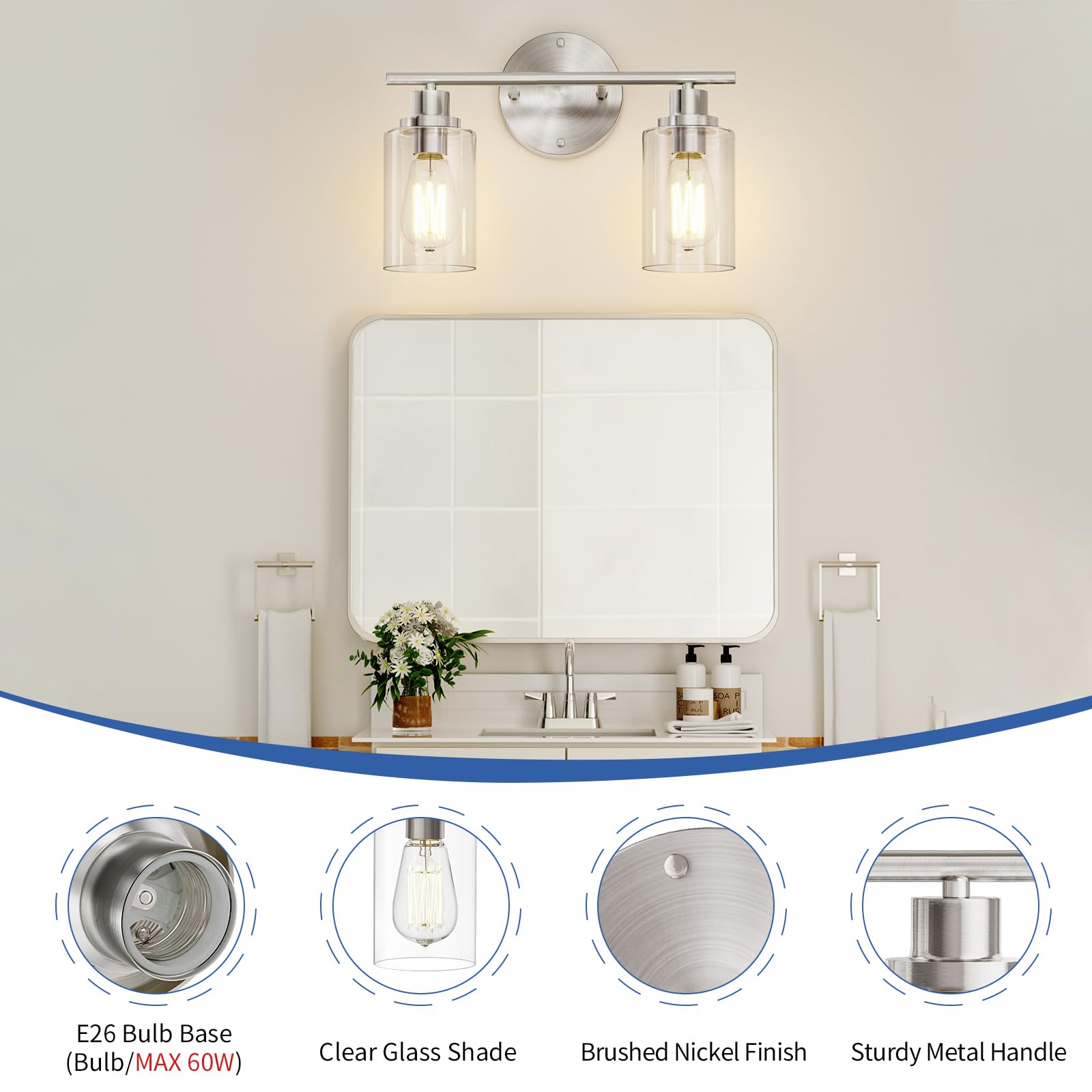 GORDNWE Bathroom Vanity Light Fixture, 2-Light Brushed Nickel, Metal Sconce, E26 Bulb Base, Modern Design for Mirror and Hallway