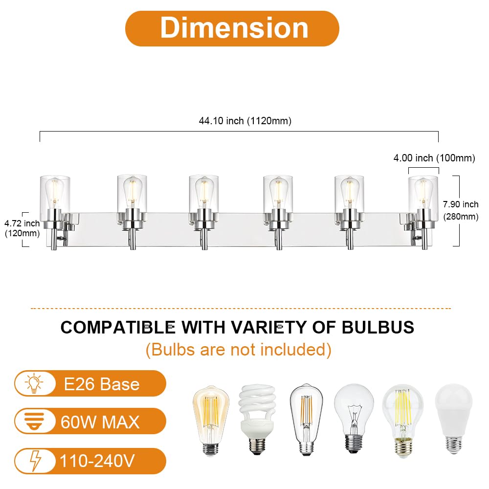VINLUZ Bathroom Vanity Light Chrome Finished 6 Light Vintage Wall Sconces Model 1810-6W-18 with Clear Glass Shade
