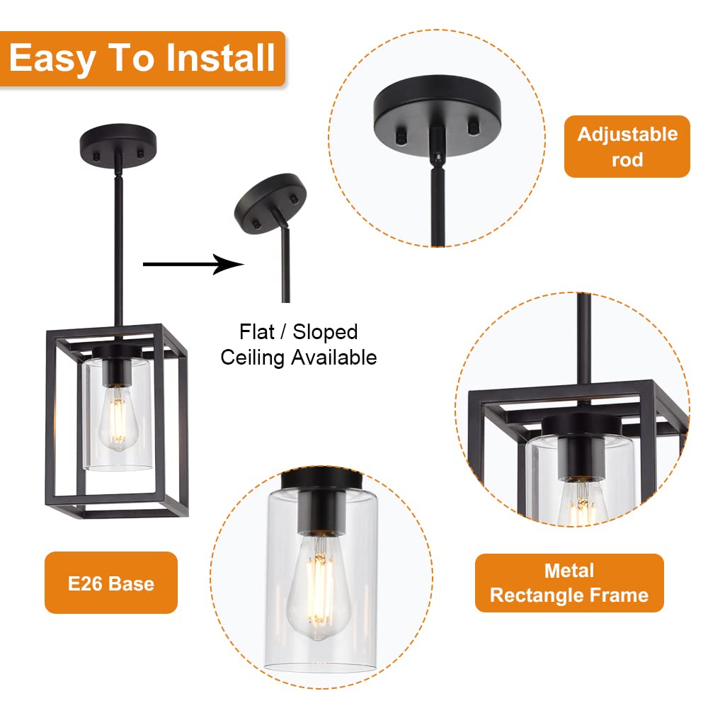 Vinluz 1 Light Farmhouse Pendant Lighting Black Cage Chandelier Glass Shade Contemporary Modern Kitchen Island Lights Fixtures C