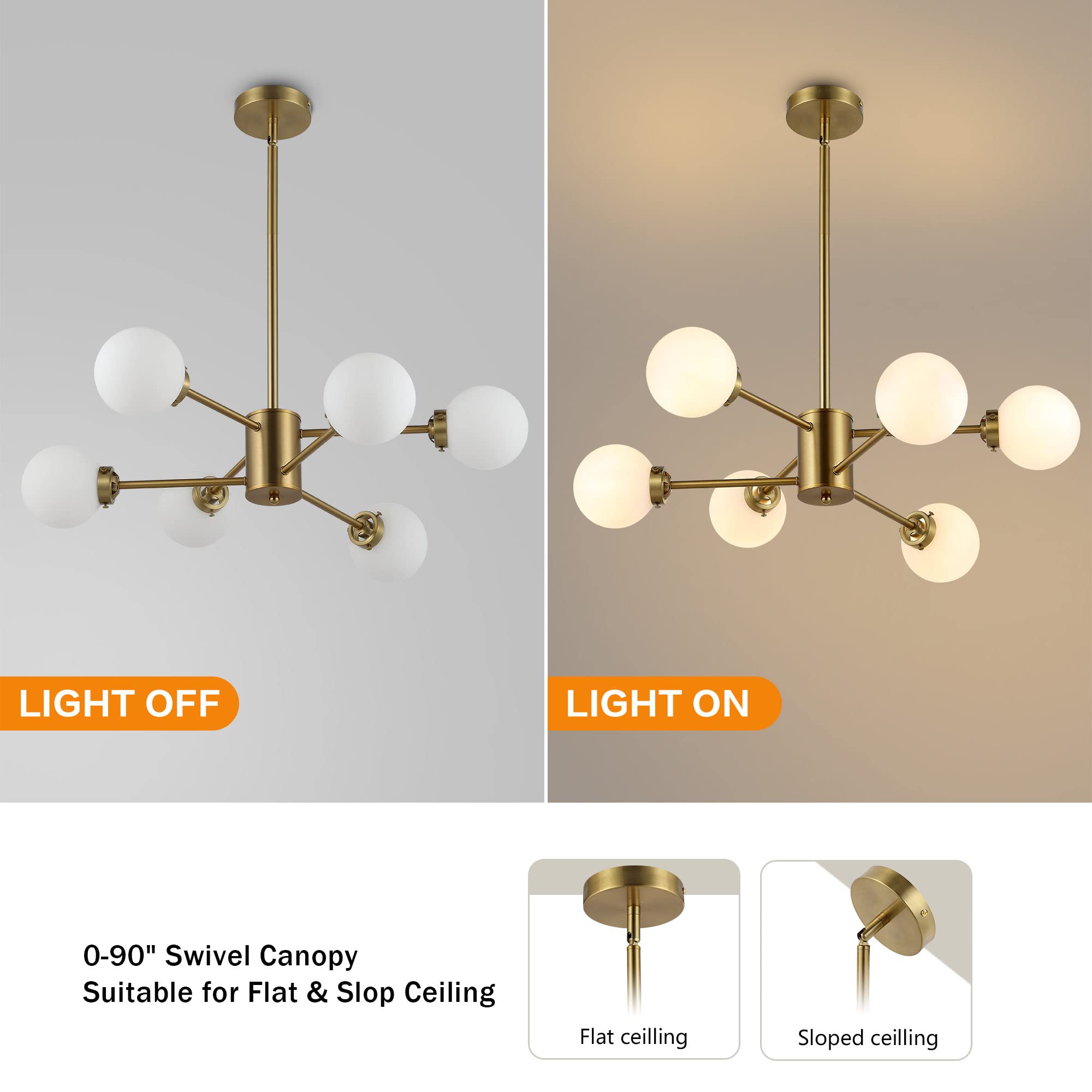 Wingbo 6-Light Sputnik Chandelier, Modern Pendant Light Fixture With 4.7" Opal White Glass Globe Shade For Flat And Slop Ceiling, Height Adjustable For Kitchen Living Room Dining Room Bedroom, Gold