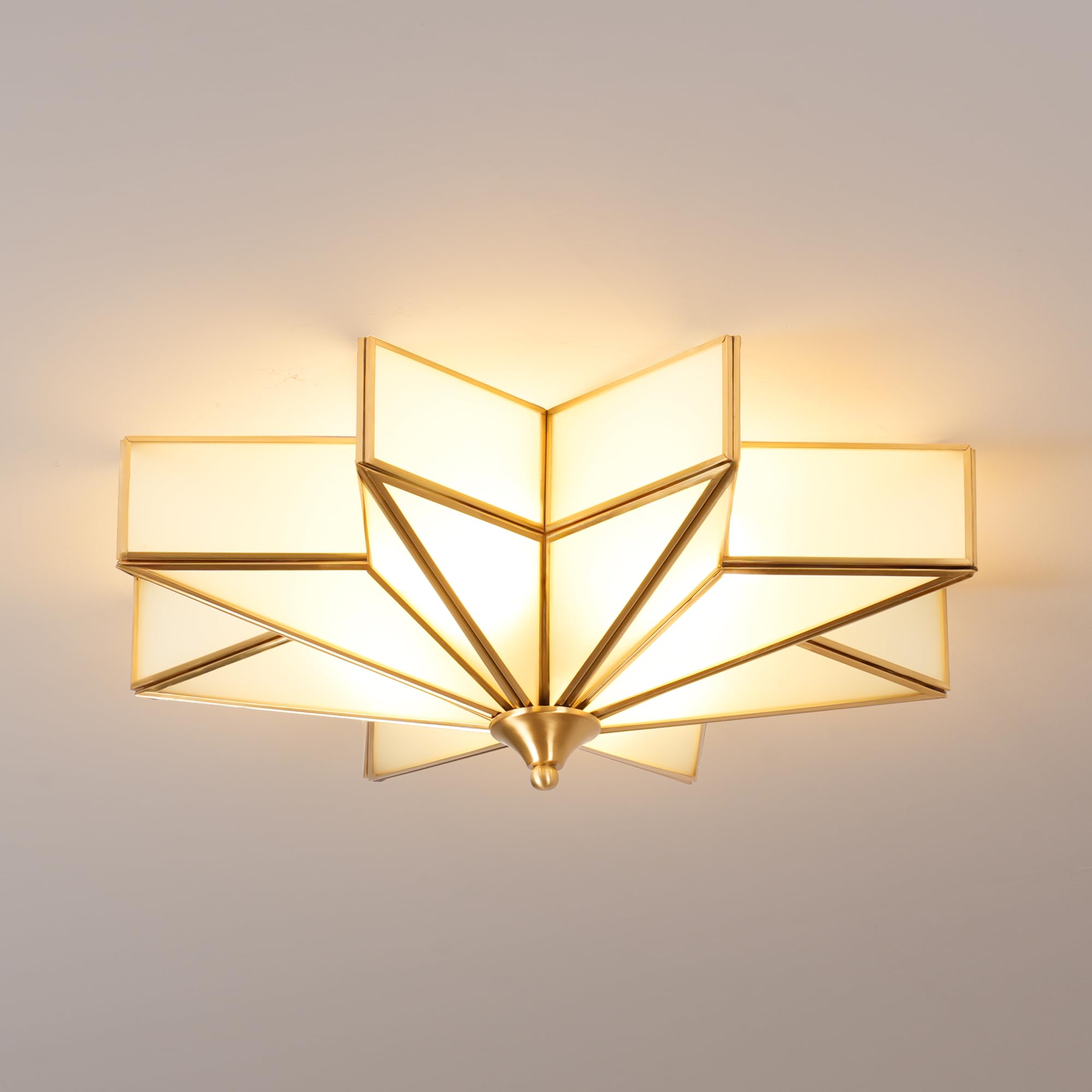 Aeyee Star Glass Ceiling Light with Ceramic Light Socket Brass Flush Mount Ceiling Light Fixture with Frosted Glass Shade Mid Century Moravian Star Light for Bedroom Foyer Living Room (19.7)