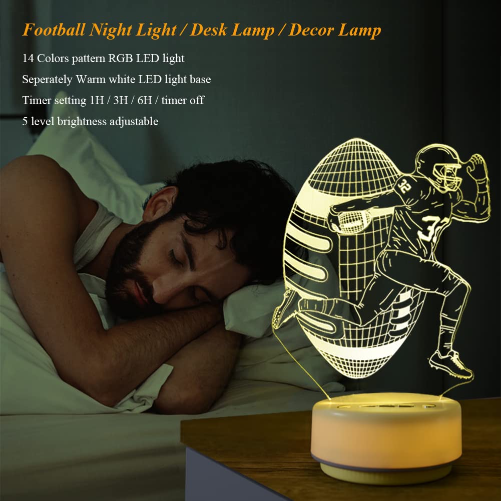 Football Night Light for Kids, Football decor Sports Bedside Lamp for Football Fan, with Remote Control / Buttons + 14 Color + T