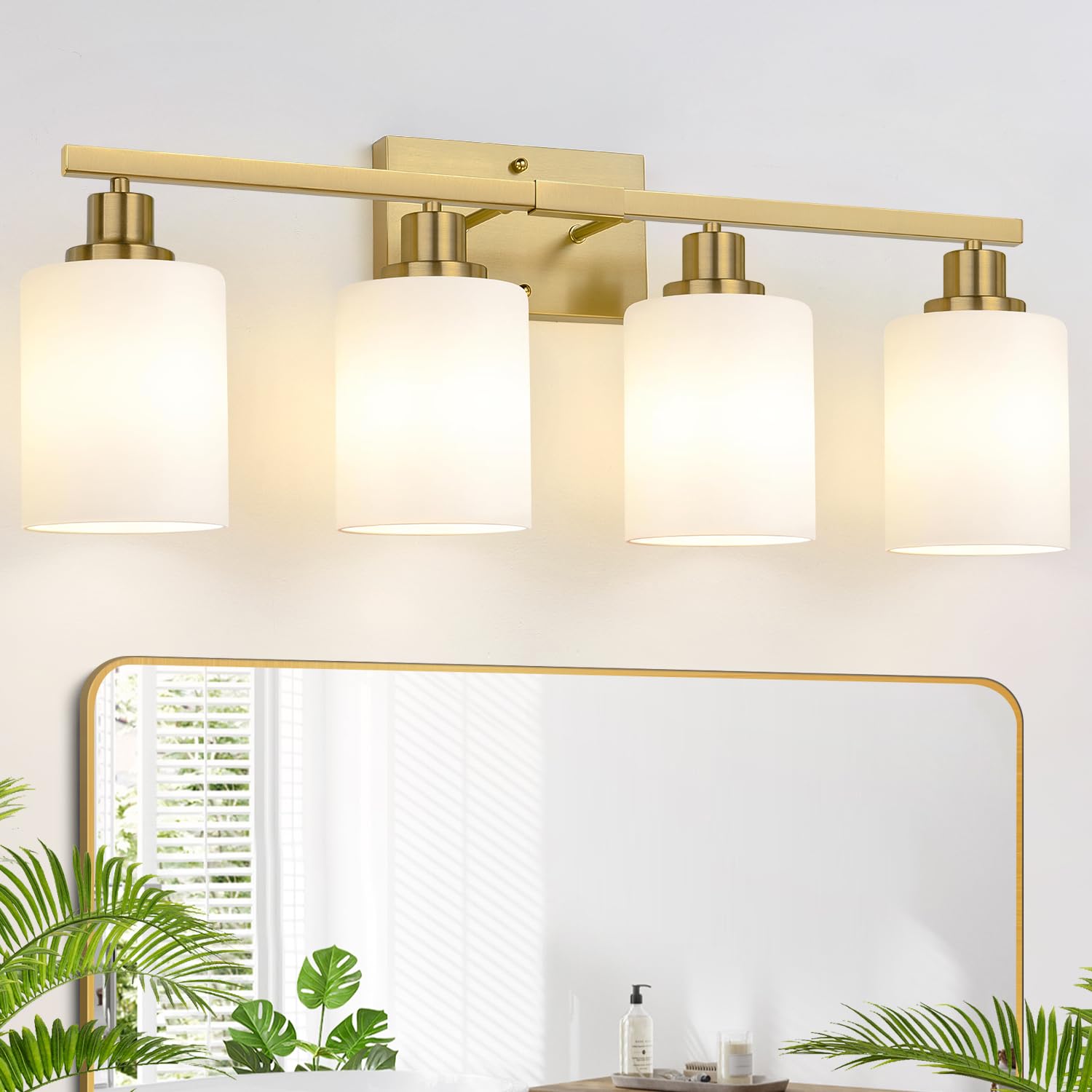 MOKATNG 4-Light Bathroom Vanity Light Fixture, Brushed Gold with Milky White Shades, Model YX-053