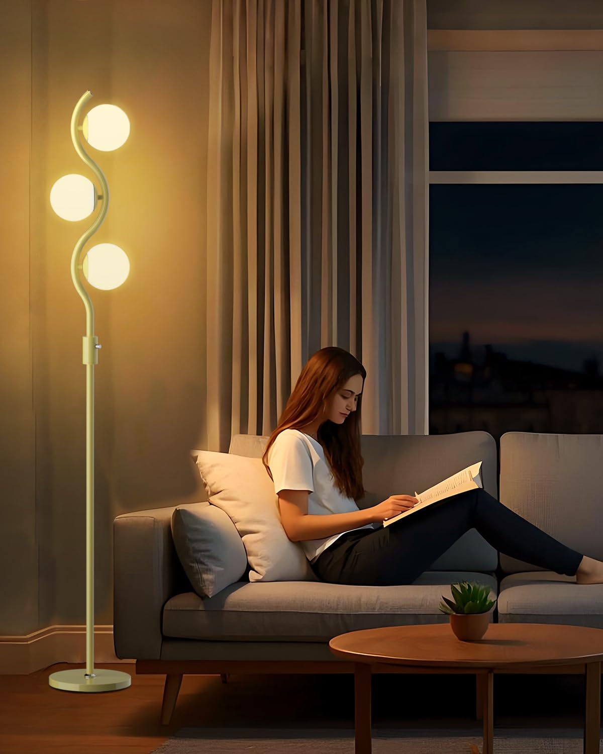 Lightdot 60IN 3-Globe Dimmable Green Floor Lamp Mid Century Standing Lamps with 3Pcs 3000K Warm White G9 Bulbs Stepless Brightne