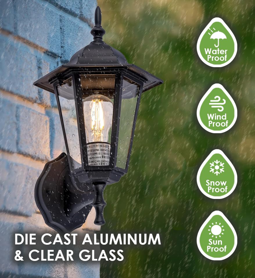GRUENLICH Outdoor Wall Lantern Sconce, Black, 14 Inch, Aluminum Housing, E26 Base, Model GR-WL003-BK, Waterproof, 1 Pack