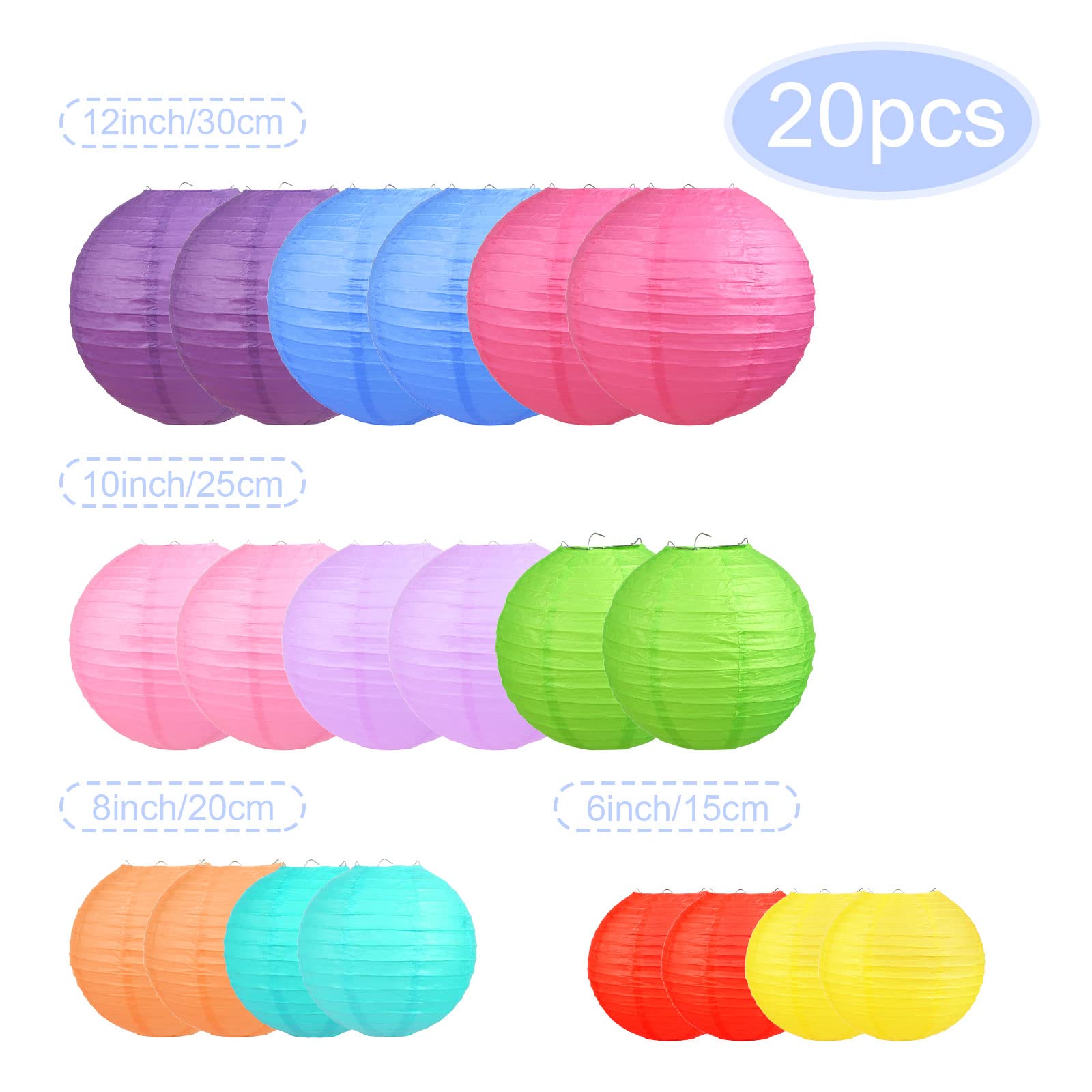 Lihao 20Pcs Colorful Paper Lanterns For Parties, Weddings, Birthdays, Halloween - 6'' To 12''