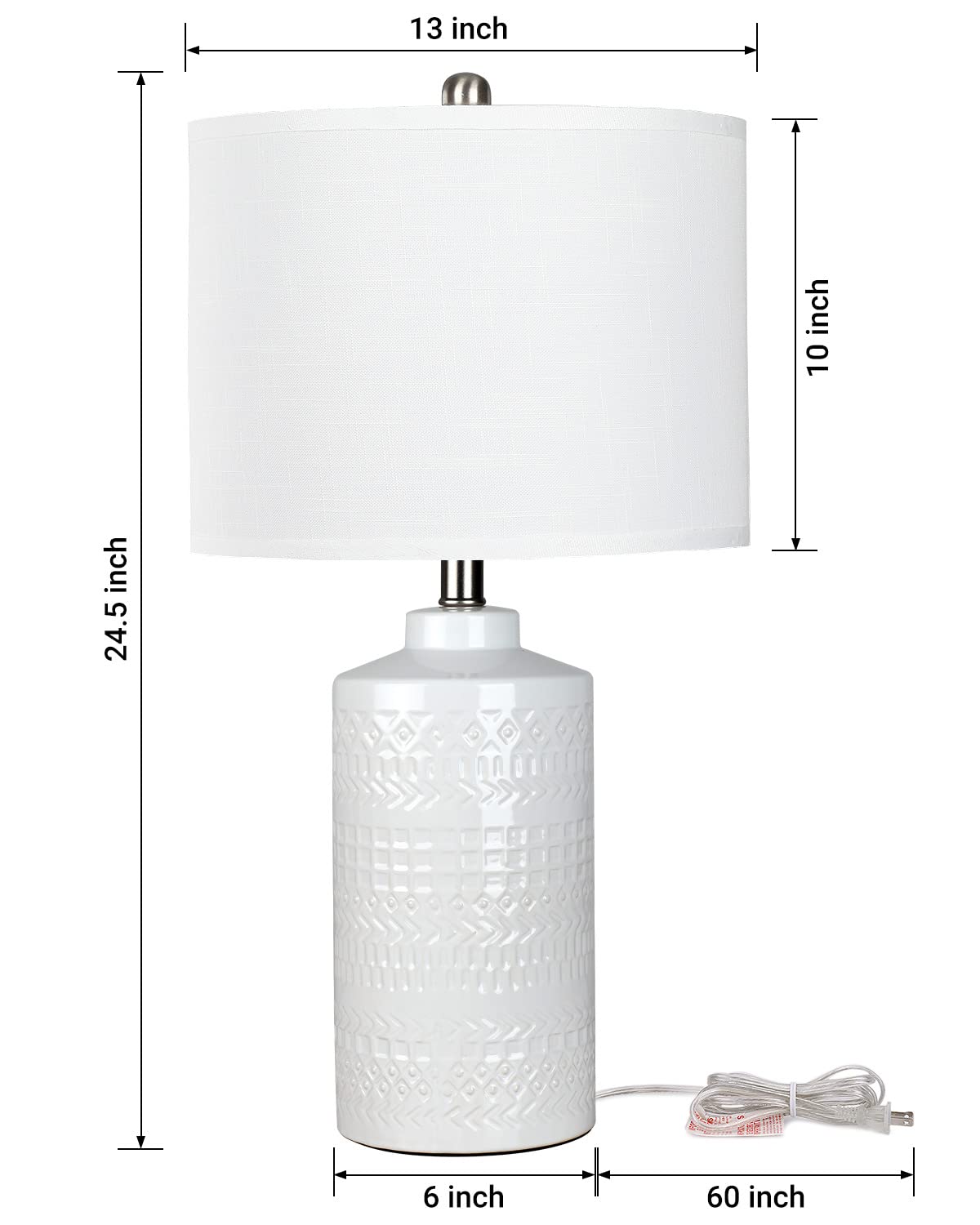 JUNNAI 24.5" White Ceramic Table Lamp - 3-Way Dimmable Bedside Light with Linen Shade for Bedrooms & Living Rooms, Bulb Included