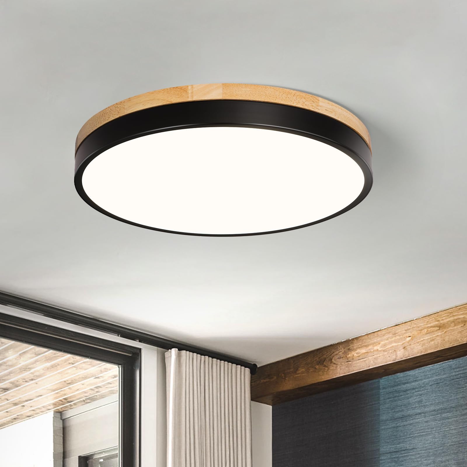 VIOLOEMI Modern Wood Ceiling Light, Round LED Flush Mount, Black, Metal, 11.81 Inch, Model VL23323001