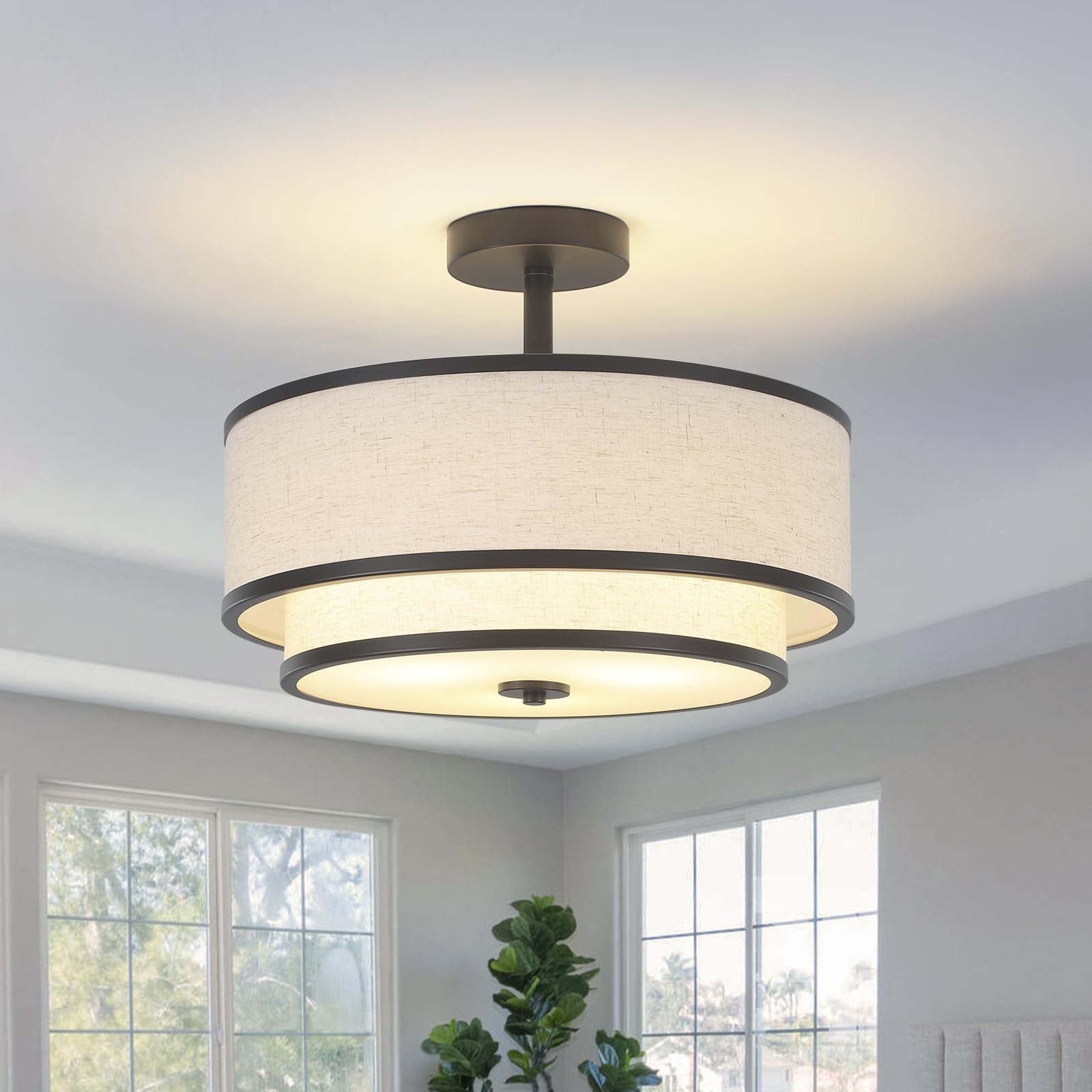BUXVRCS Semi Flush Mount Ceiling Light Fixture, 3-Light Drum Design, Black Fabric Shade, Model: ceiling lights-001
