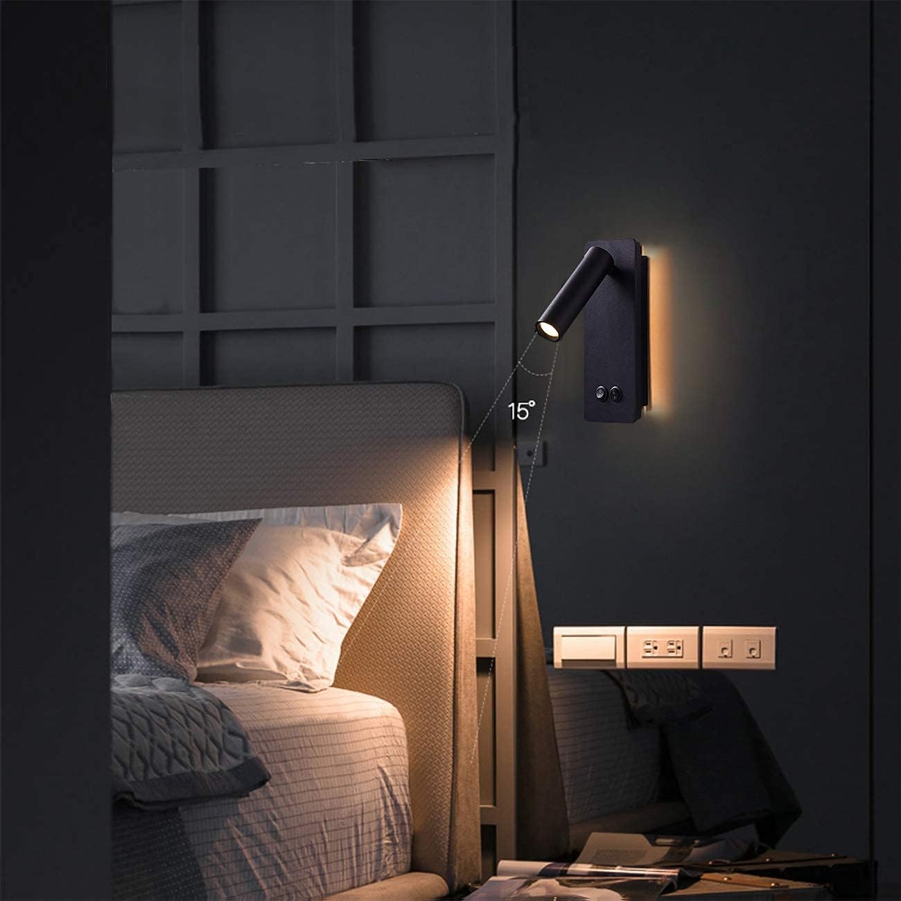 MOLUOLA LIGHTING LED Wall Sconce, Black Metal, Adjustable Backlight, 3W+12W, 1 Pack, Model S07b Black-1