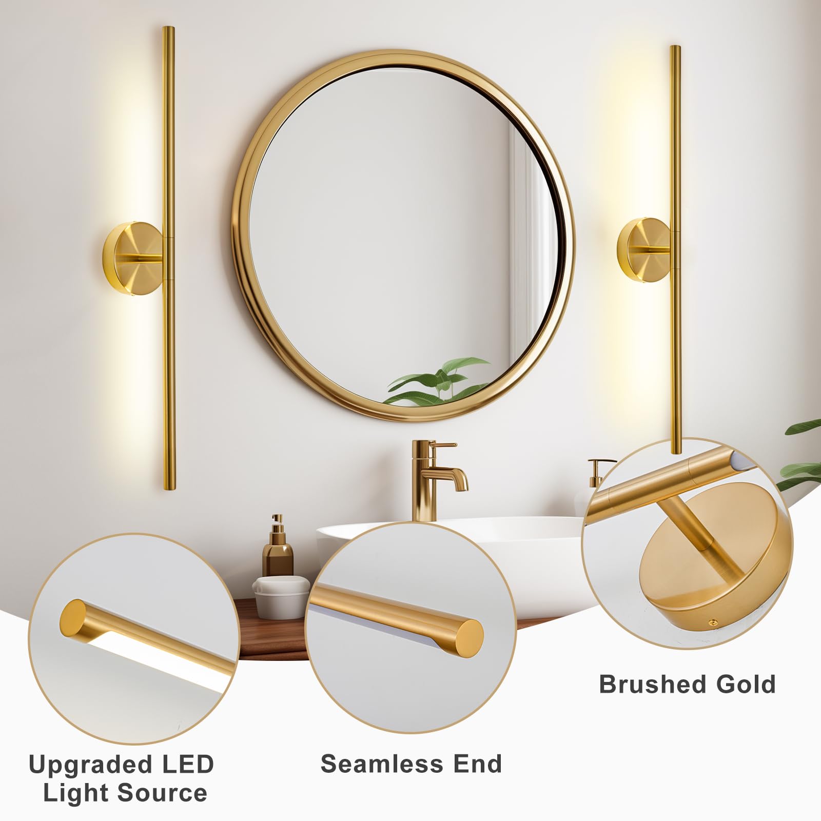 LINSEEDS Gold Bathroom Light Fixture, 36 Inch, 26W Dimmable LED Vanity Light Bar, Metal, Model RD-7516-GD-36