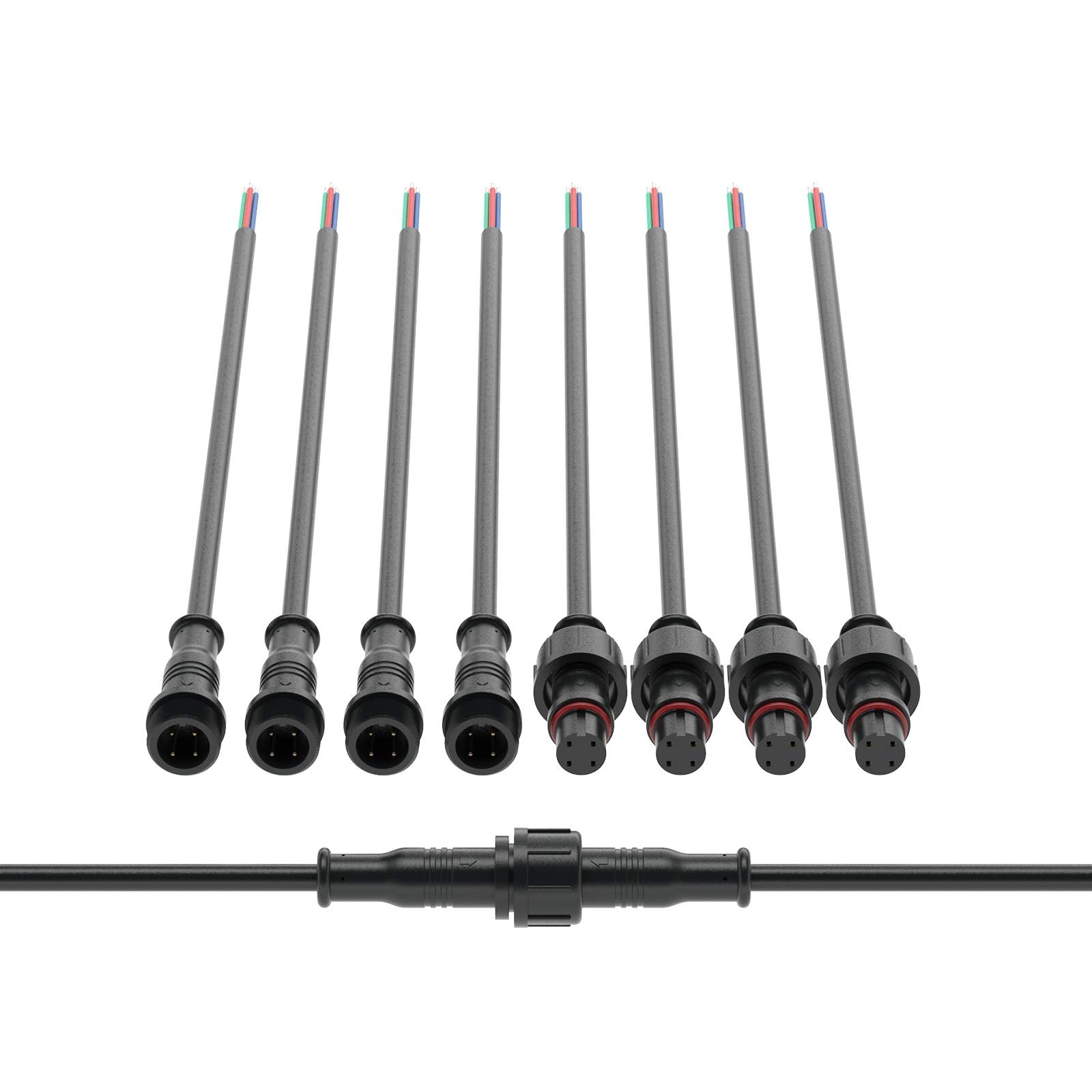 Btf-Lighting 4 Pin Electrical Connector 24Awg Ip65 Male Female Connector 7.87In/20Cm Extension Cable For Car,Truck,Boat,Indoor/Outdoor Led Strip Lights/String 15Mm Nut Small Size 5 Pairs