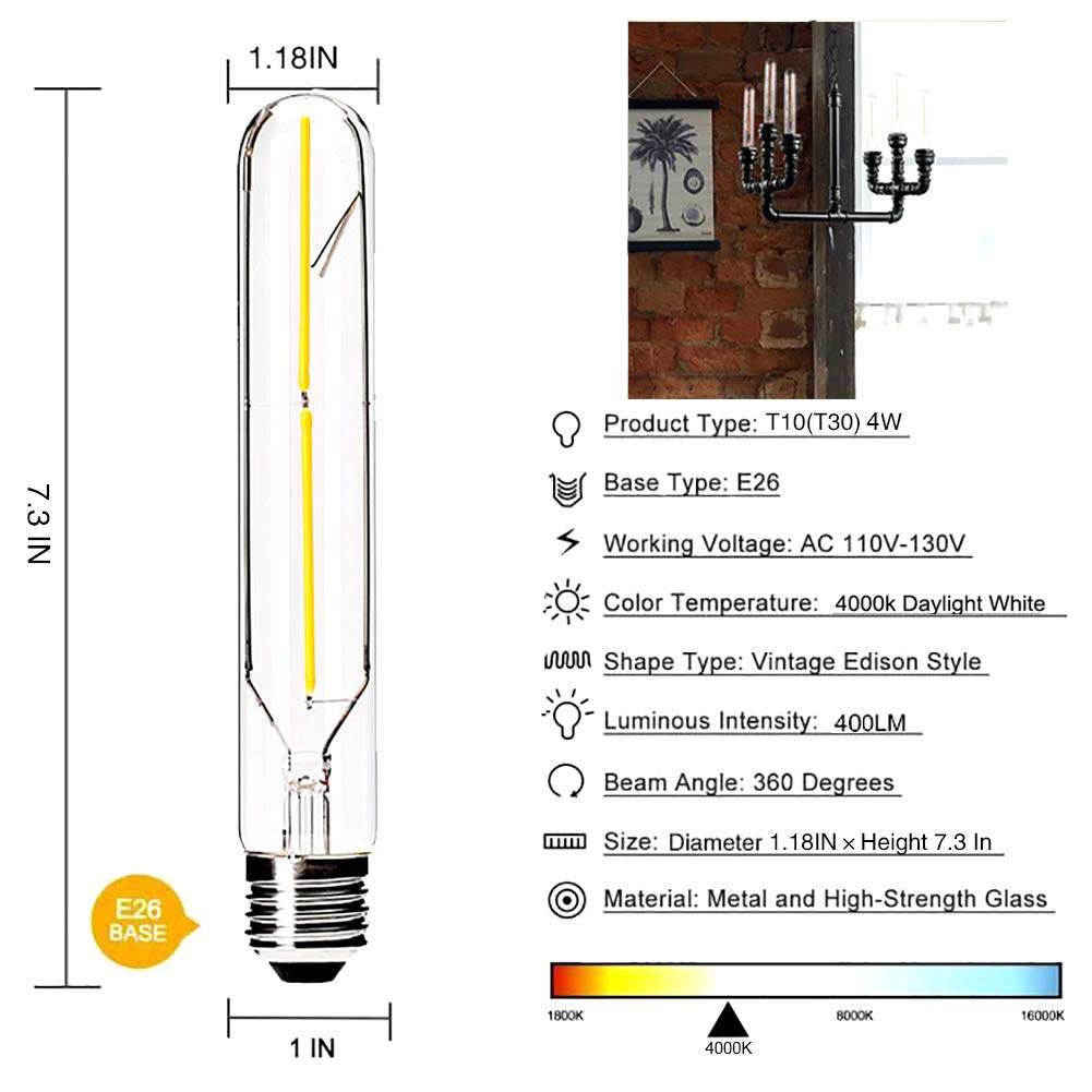 Dimmable 4W Led Tube Bulbs 4000K Daylight White, T10 Tubular Edison Style Led Filament Bulb, Vintage Light Bulbs 40 Watt Equival