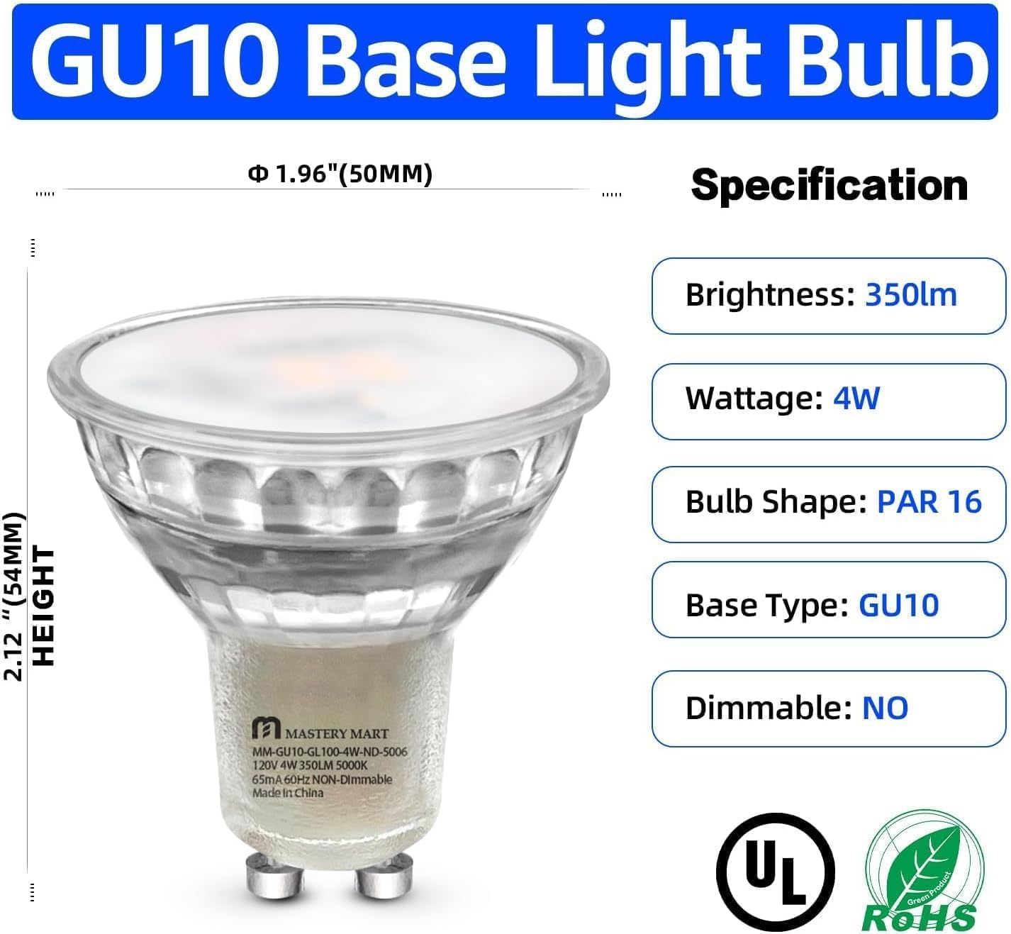 MASTERY MART GU10 LED Light Bulbs 16 Pack, 4W 5000K Daylight White, 350lm Energy Saver, Model MM-GU10-GL100-4
