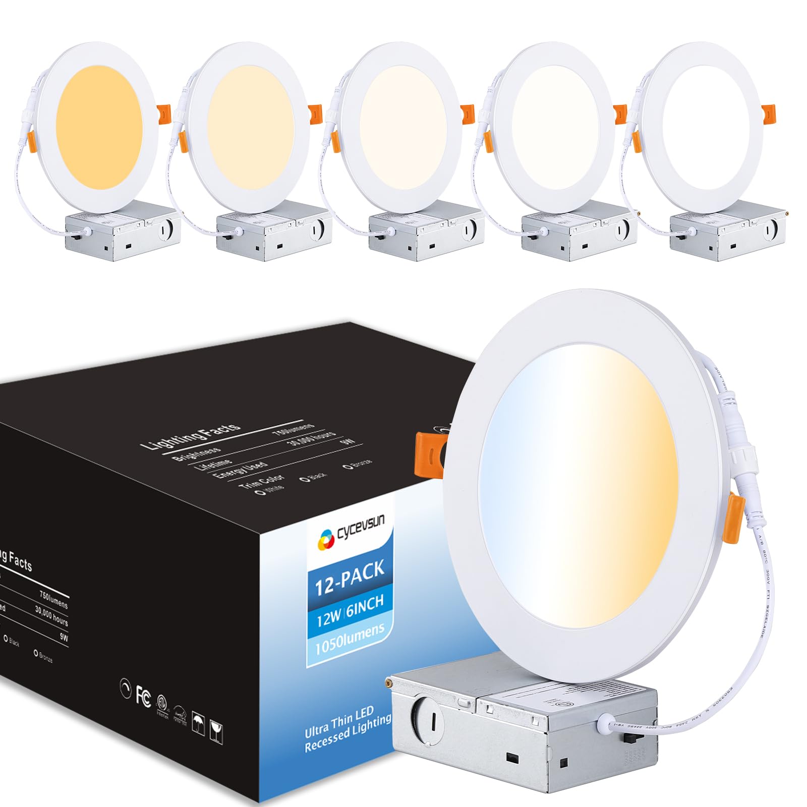 Cycevsun 6 Inch Led Recessed Light Canless Wafer Pot Lighting, Dimmable & 3000K 4000K 5000K Selectable, 12W, 120V, Ic Wet Rated, Etl, 12 Pack