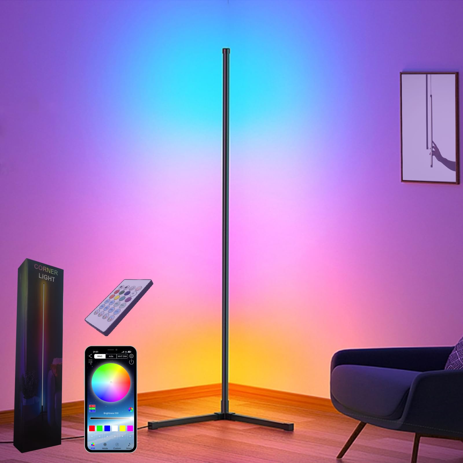 Corner Floor Lamp,60Smart RGB LED Corner Lamp with App and Remote Control, Color Changing Ambience Light with Music Sync, Easy t