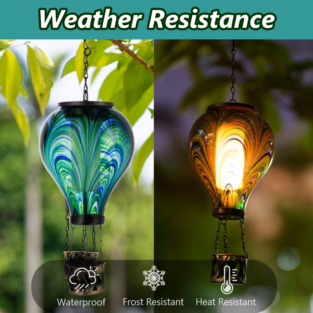 Starsoul Hot Air Balloon Solar Lantern Flickering Flame Light Tie-Dye Style Glass Solar Powered Hot Air Balloon Lamp Hanging Out