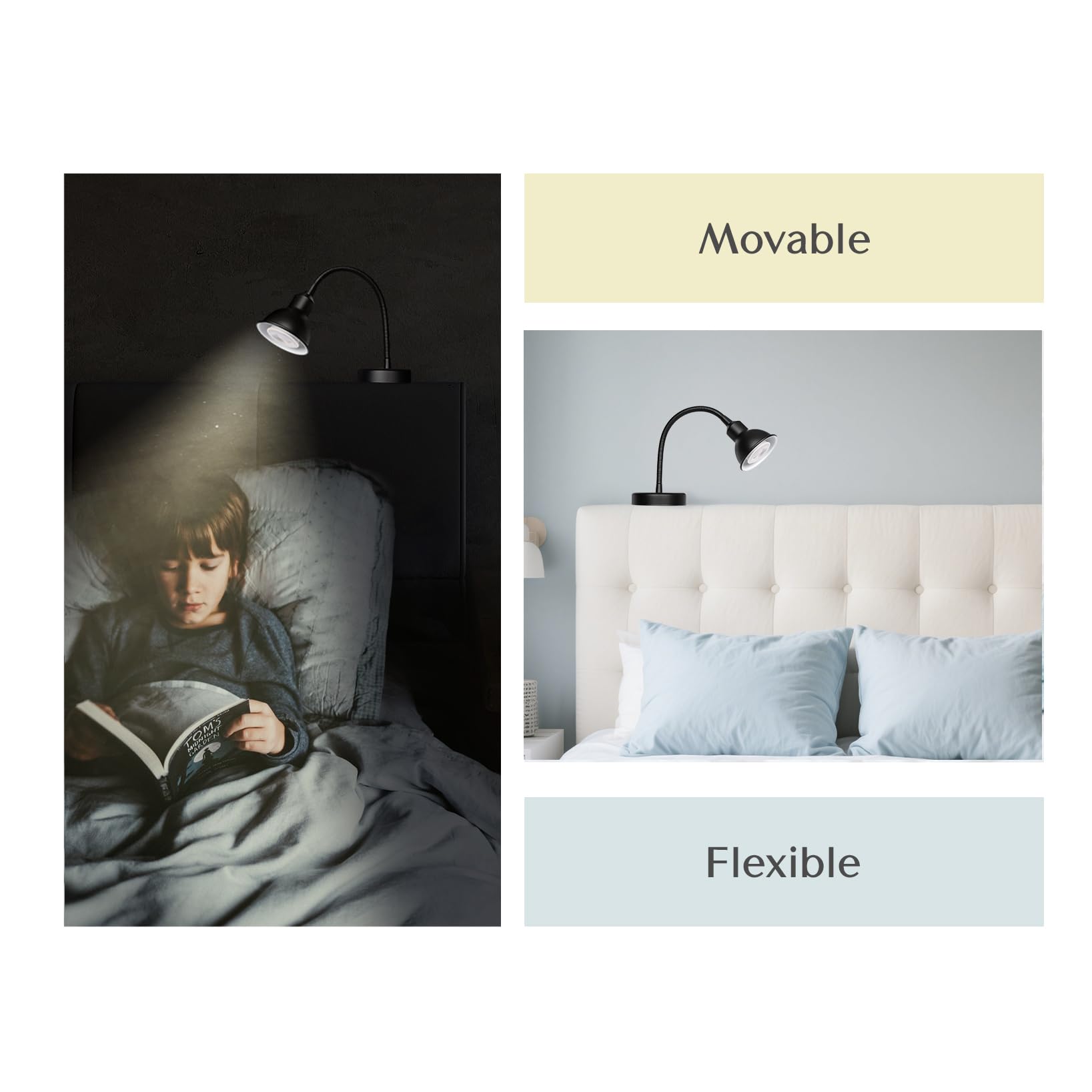 Solfres Headboard Reading Light - Dimmable LED Lamp, Movable & Flexible, Black, Model Light001, No Drilling Design for Bedtime Reading