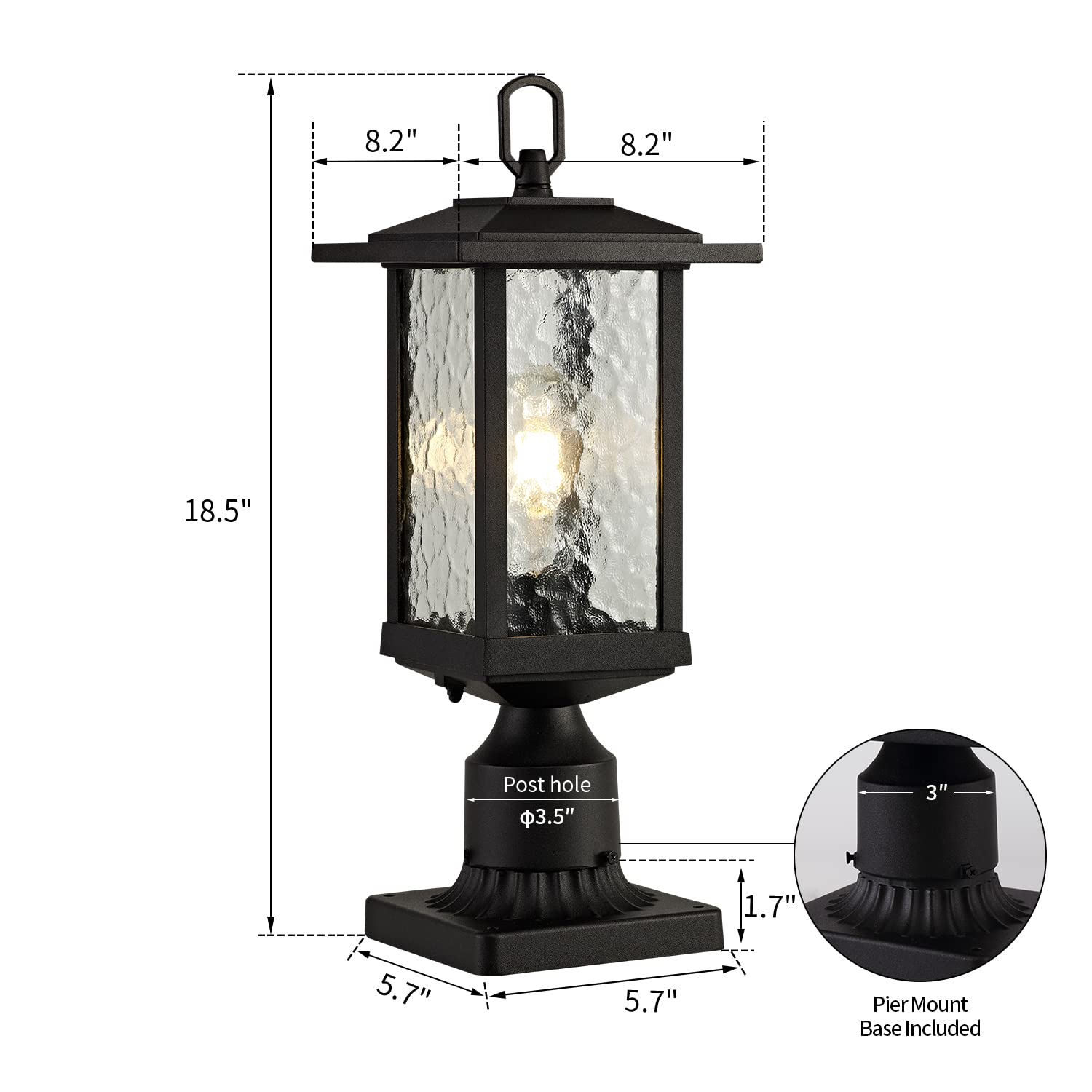 Smeike Outdoor Lamp Post Light with Pier Mount Base, Exterior Lantern Matte Black Aluminum Large Waterproof Anti-Rust Patio Porc