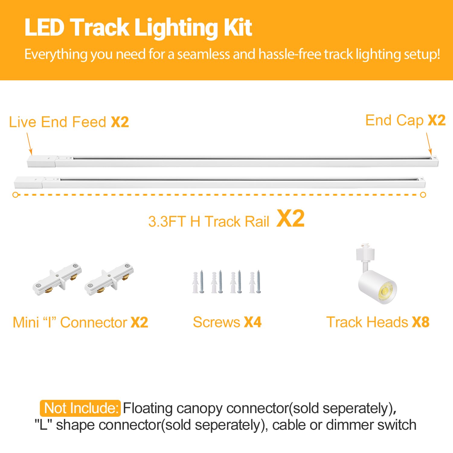 VANoopee 8-Light LED Track Lighting Kit, Dimmable 3000K Warm White, 6.6FT H Type Track, Aluminum, Model ITK10W3KW8
