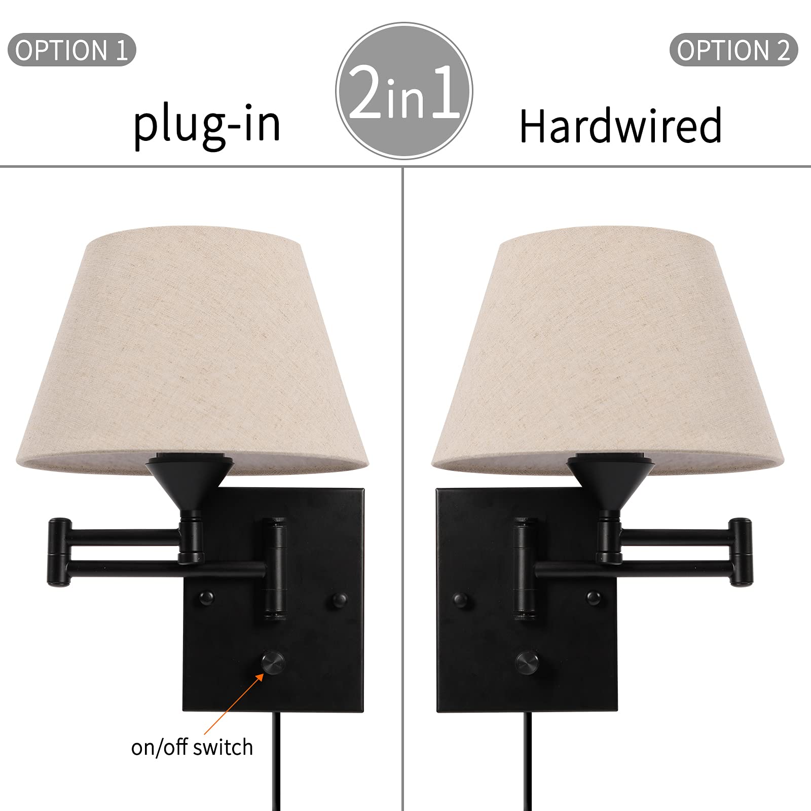 Pauwer Plug in Wall Sconce Set of 2, Swing Arm Lamp, Metal Fixture with Fabric Shade, Beige, Model Pauwer-WS2-PlugIn