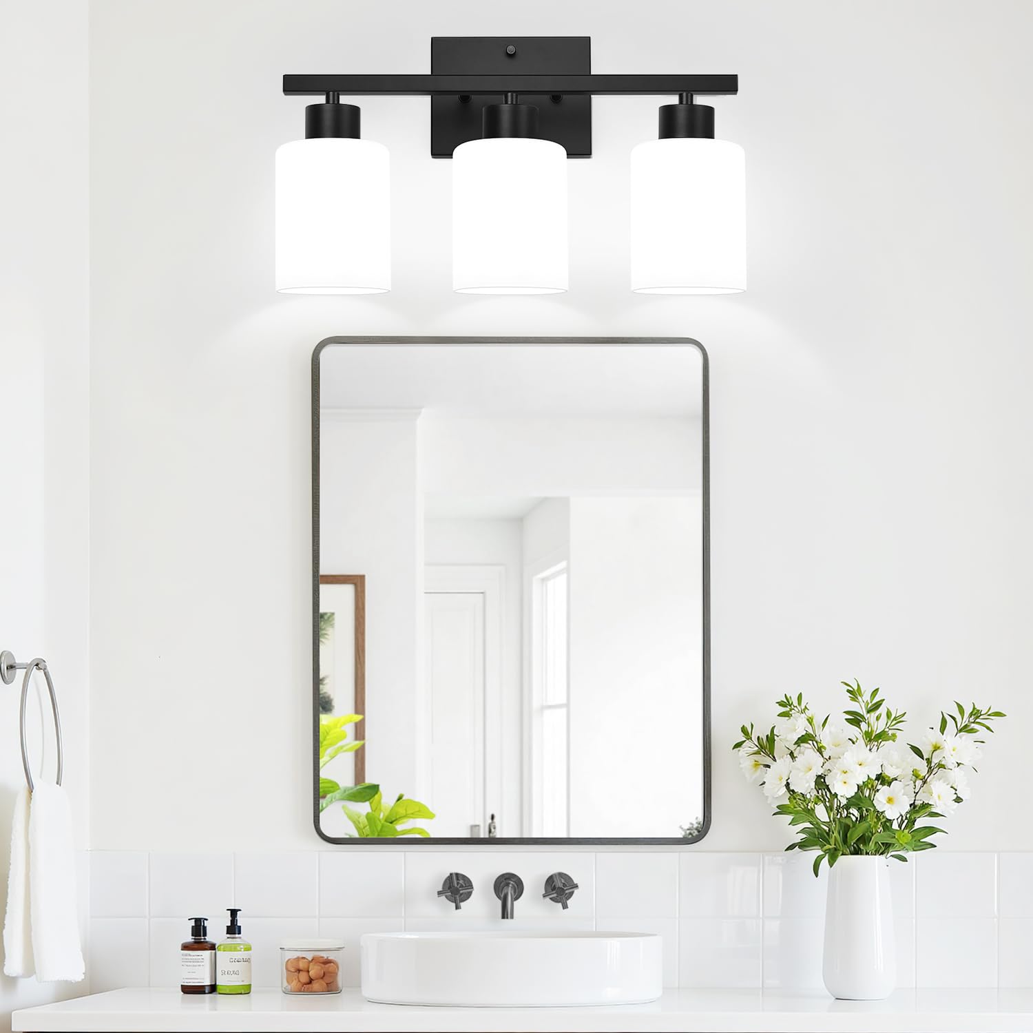 Meybiok 3-Light Bathroom Light Fixtures  Black Vanity Lighting Fixtures With Milky White Frosted Glass Shades  Bathroom Wall Lamp With E26 Socket  For Mirror  Living Room  Bedroom