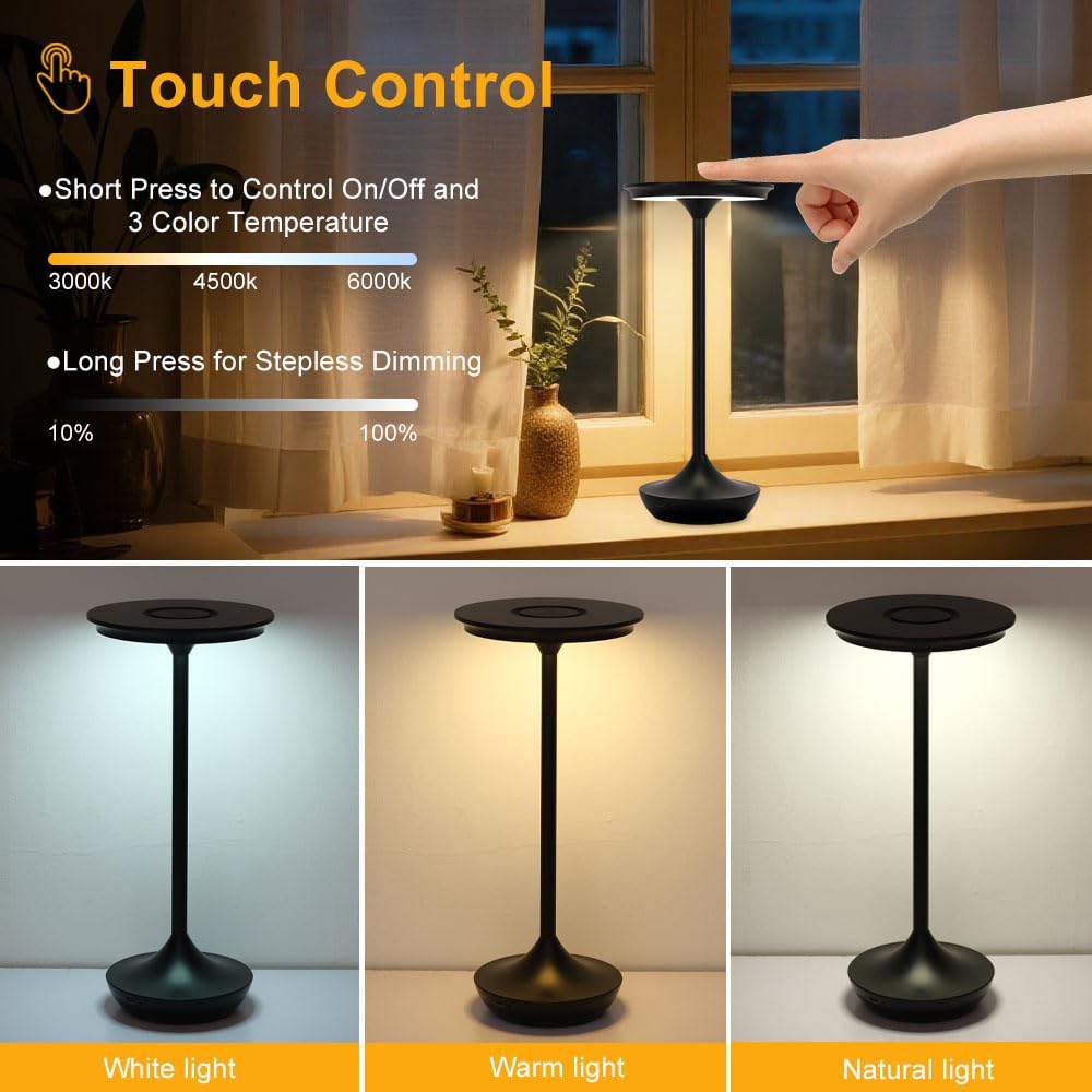 2 Pack Led Rechargeable Cordless Table Lamps Portable Outdoor 6000 Mah Battery Operated Table Light Touch Control 3 Color Dimmable Waterproof For Patio/Cofee/Restaurant/Camping/Dining/ Bedroom-Black