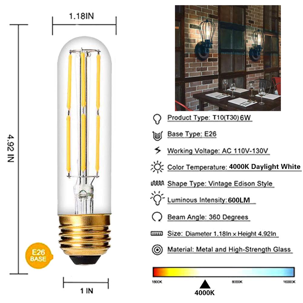 YFXRLIGHT Dimmable T10 Edison Bulb, 6W Vintage LED, 4000K Daylight White, E26 Base, 6 Pack