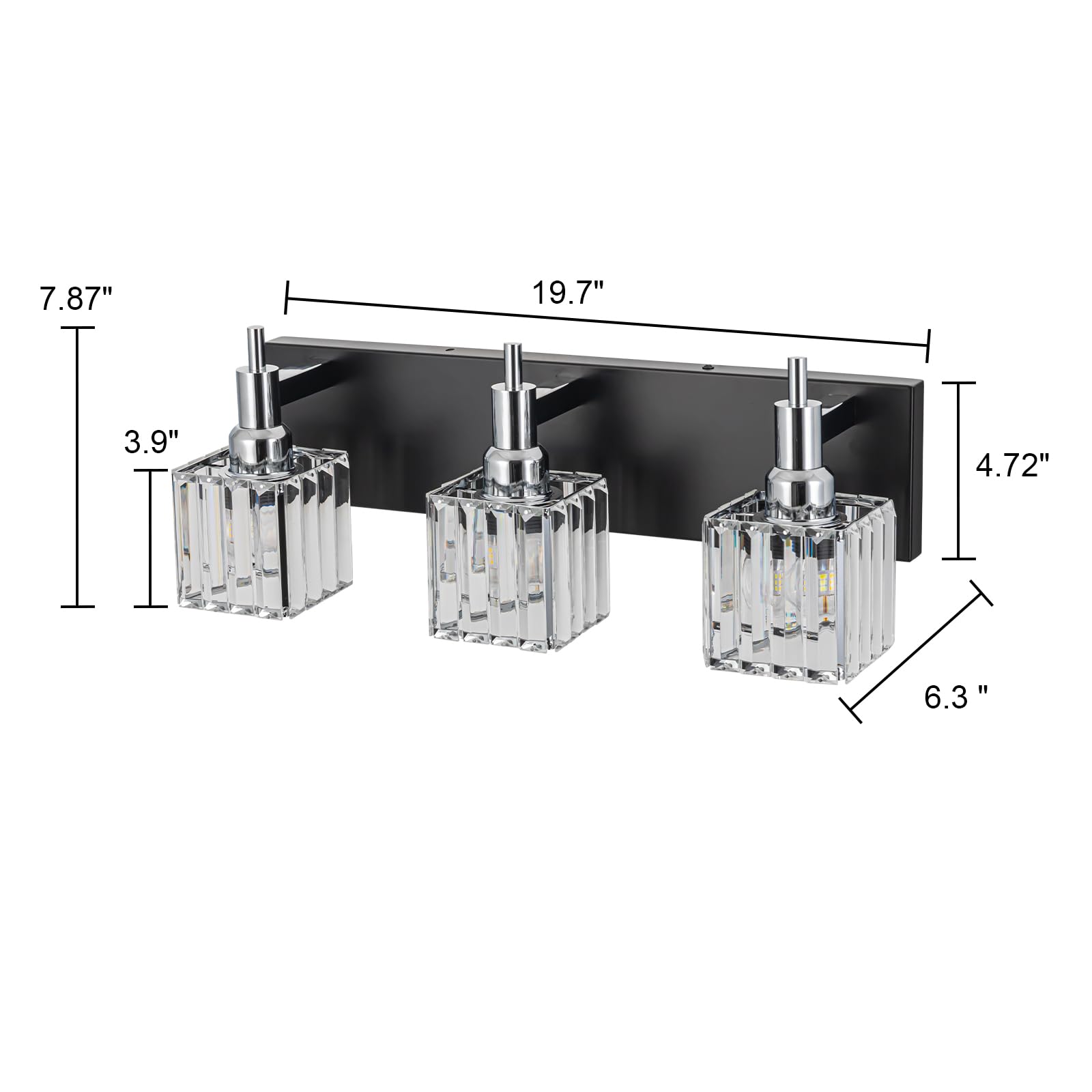 HUOKU Bathroom Vanity Light, Modern 3-Light Fixture, Black Chrome with Crystal Square Shade