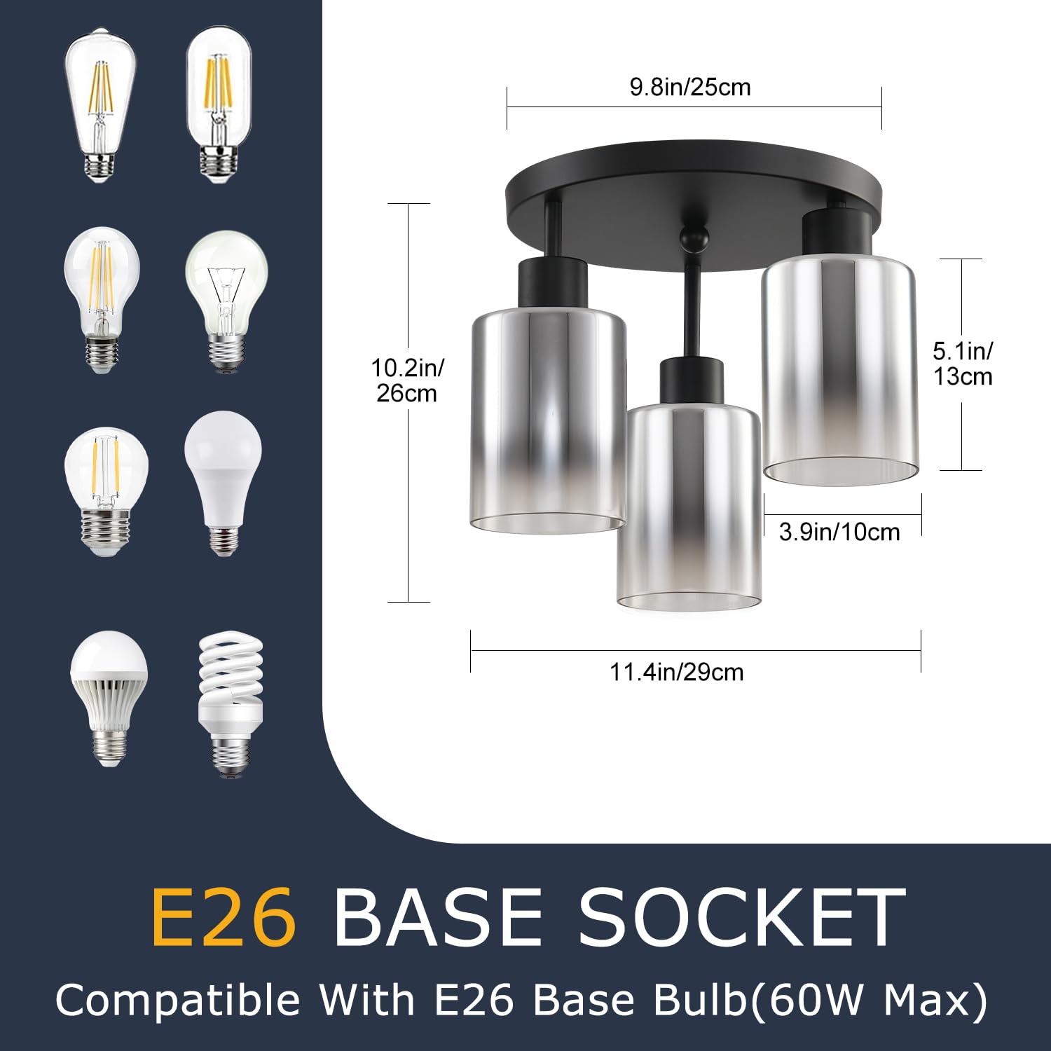 Ihengyanlt 3-Light Industrial Farmhouse Black Matte Light Fixtures Ceiling Mount, With Smoke Gray Glass Shades Semi Flush Mount