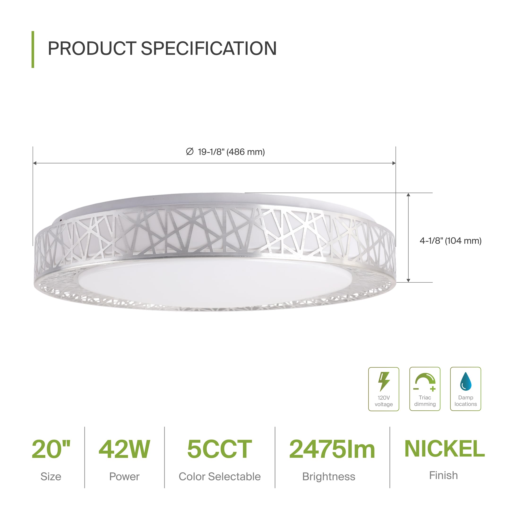 Asd 20 Inch Led Flush Mount Ceiling Light - Brushed Nickel Modern Ceiling Light Fixture 42W 2474Lm, 2700-5000K Adjustable Dimmab