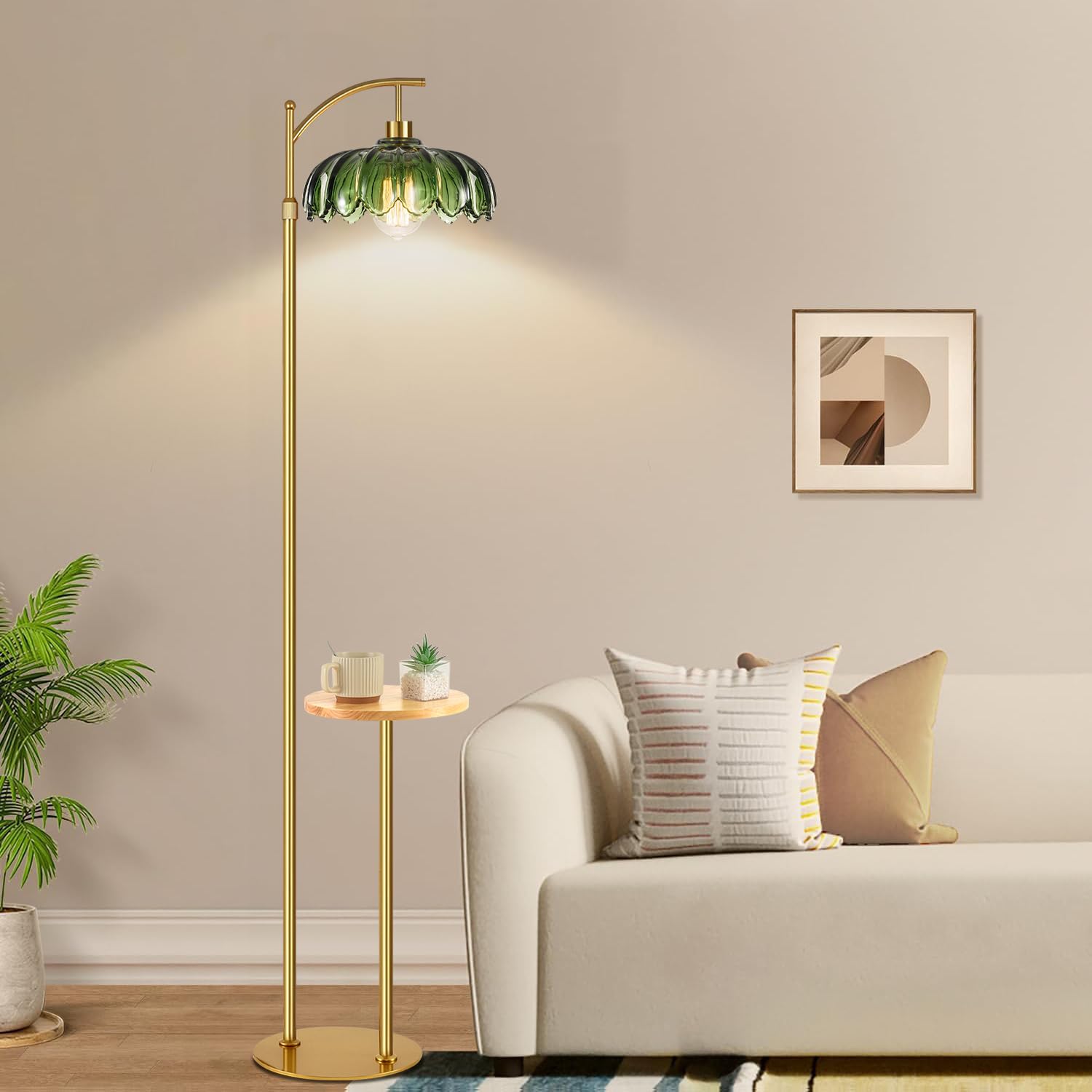 Qiyizm Floor Lamp With Table And Shelves For Living Room Bedroom Rattan Shelf Floor Lamps With Remote Boho Dimmable Standing Lam