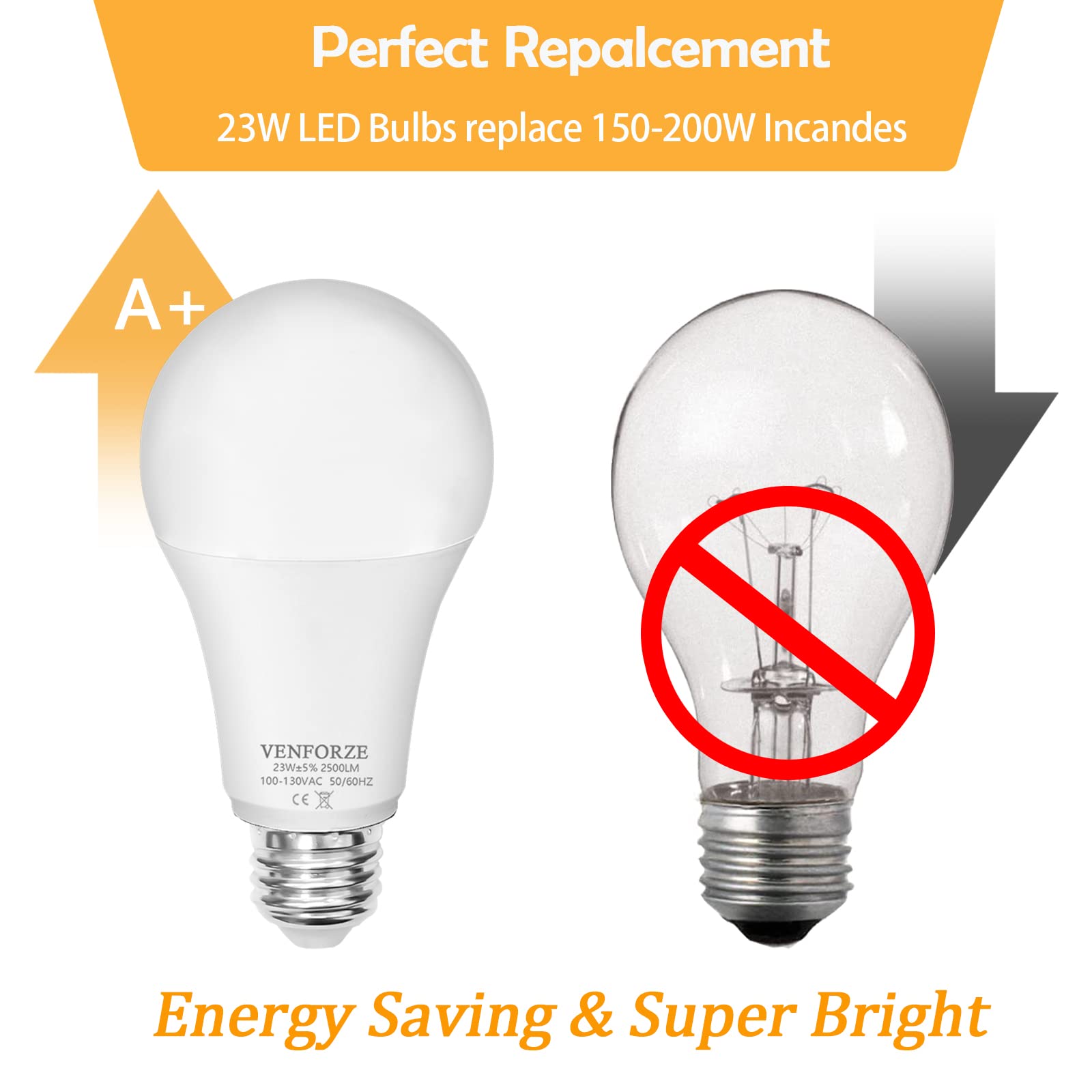 Venforze Bright Light Bulb,150W-200W Equivalent 2500Lm E26 Led Bulb 23W Warm White 2700K A21 Led Light Bulb Non-Dimmable 4-Pack