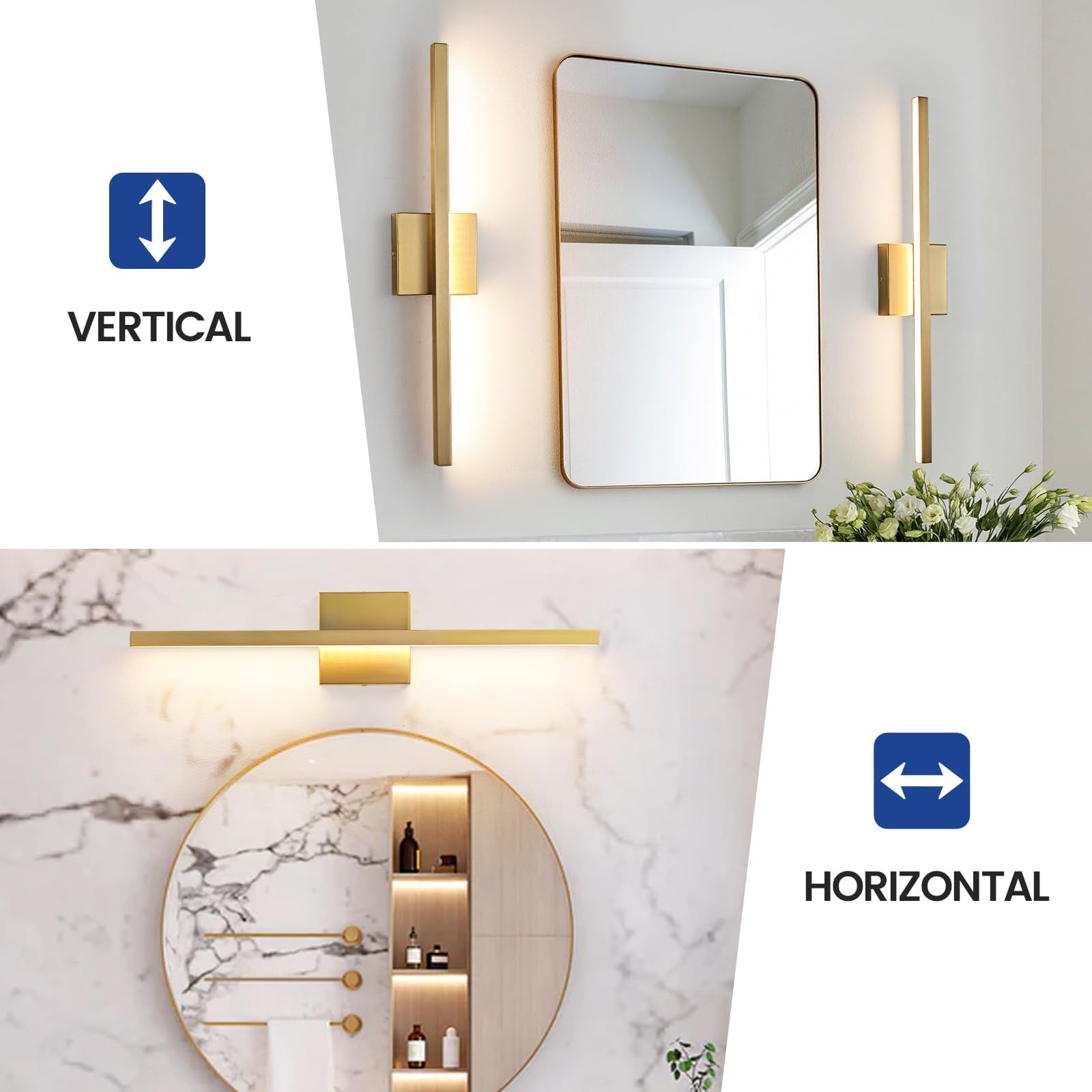 Epinl Gold Bathroom Light Fixtures - 23.6 Inch Brushed Gold Vanity Lights For Bathroom Over Mirror Dimmable18W Led Dimmable 5Cct Wall Sconce Lighting Fixture For Bathrooms Bedroom