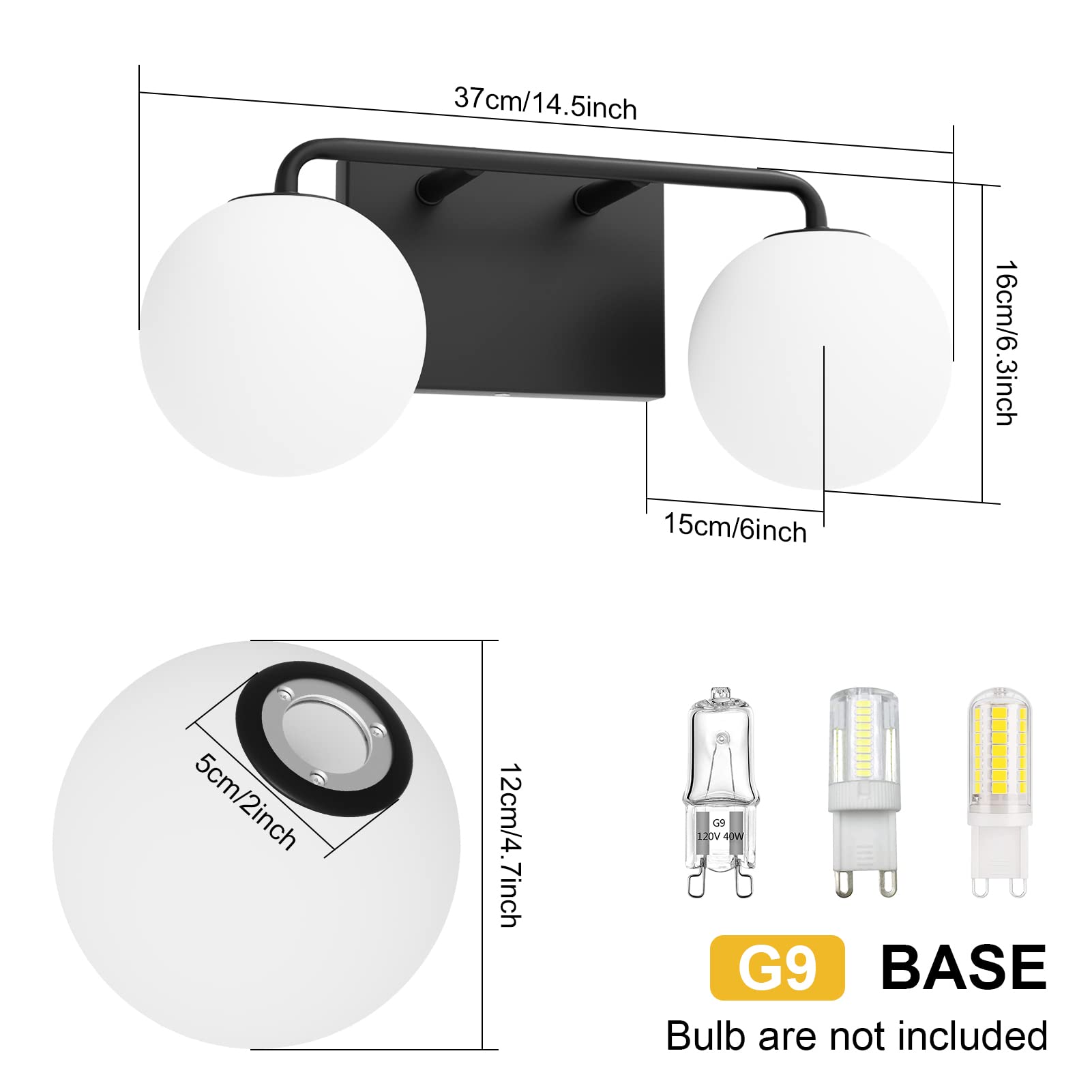 Tipace Bathroom Vanity Light Fixtures, 2 Lights, Milk White Glass, Black Metal, 14.5 IN, Model 1129