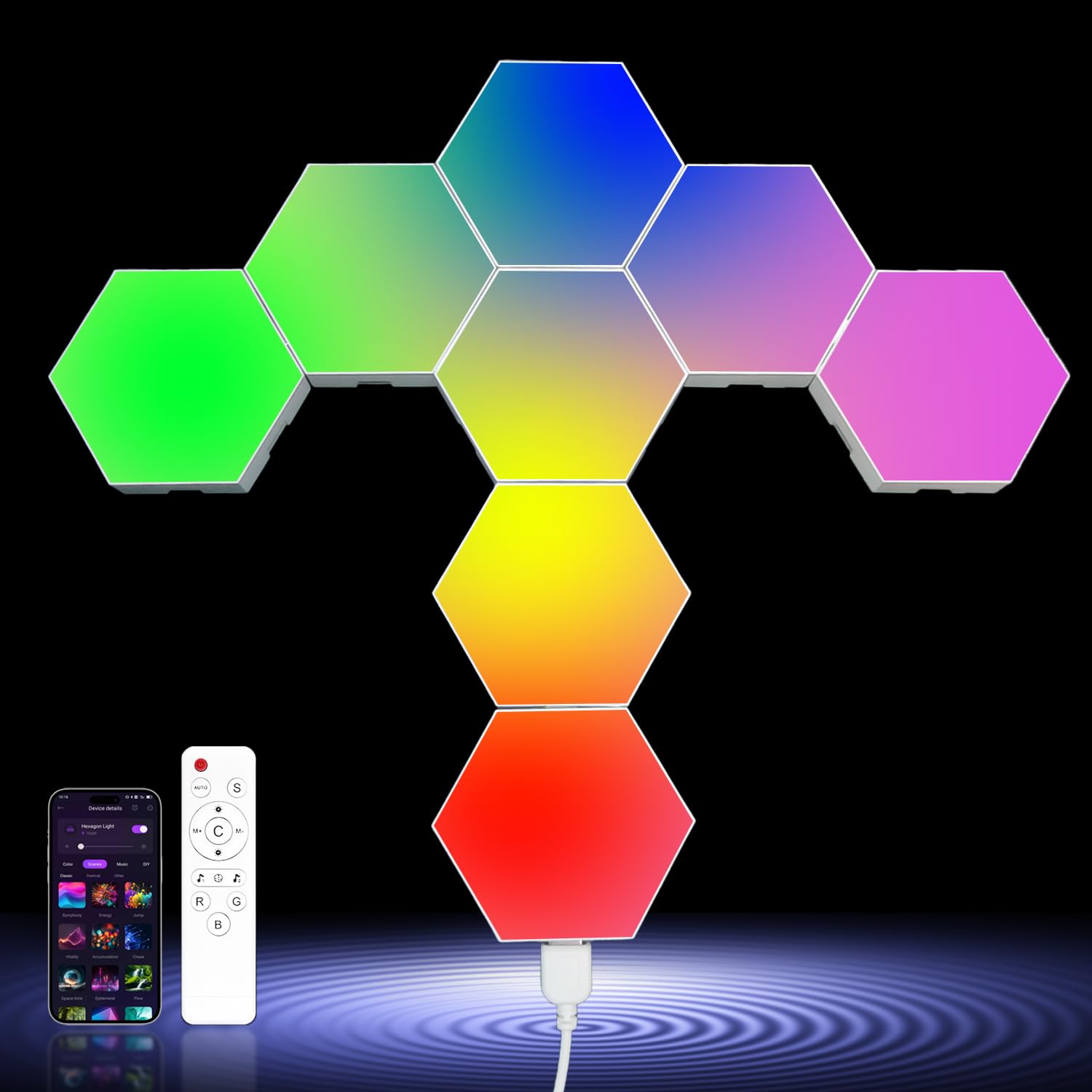 Zwzasm RGB Hexagon Wall Lights, 8 Pack Smart LED Panel Lights with App & Remote, Music Sync, DIY Shapes for Living Room, Bedroom