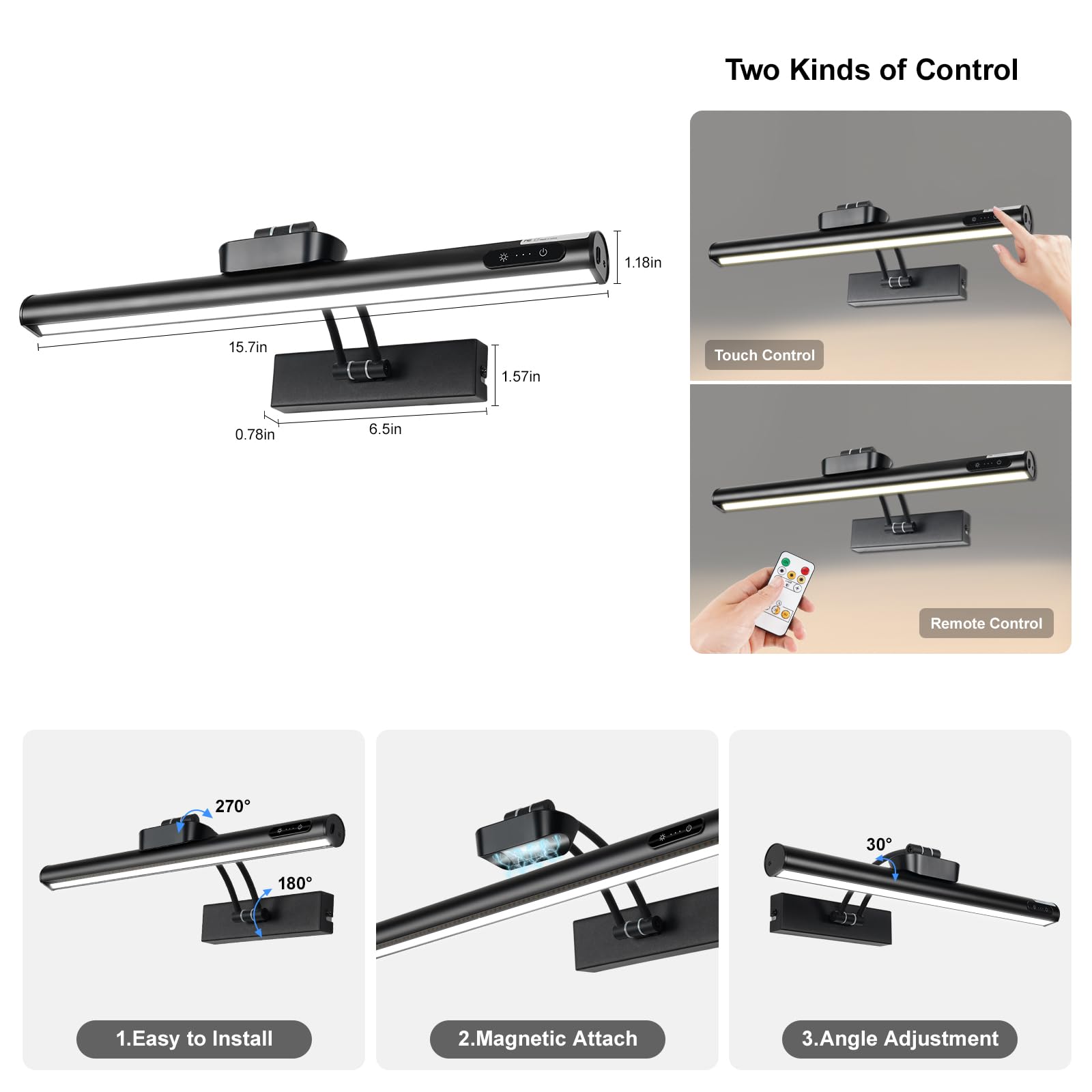 VARICART Magnetic Cordless Picture Light - 16in Metal, Dimmable, Remote Control, Black, 5000mAh Battery, Adjustable Angle