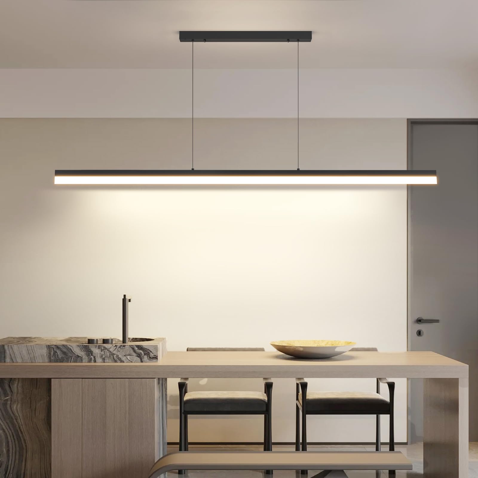 Mikeru Modern Linear Pendant Light, 59IN Aluminum Chandelier, Remote Control, Adjustable Color Temperature, B-Black