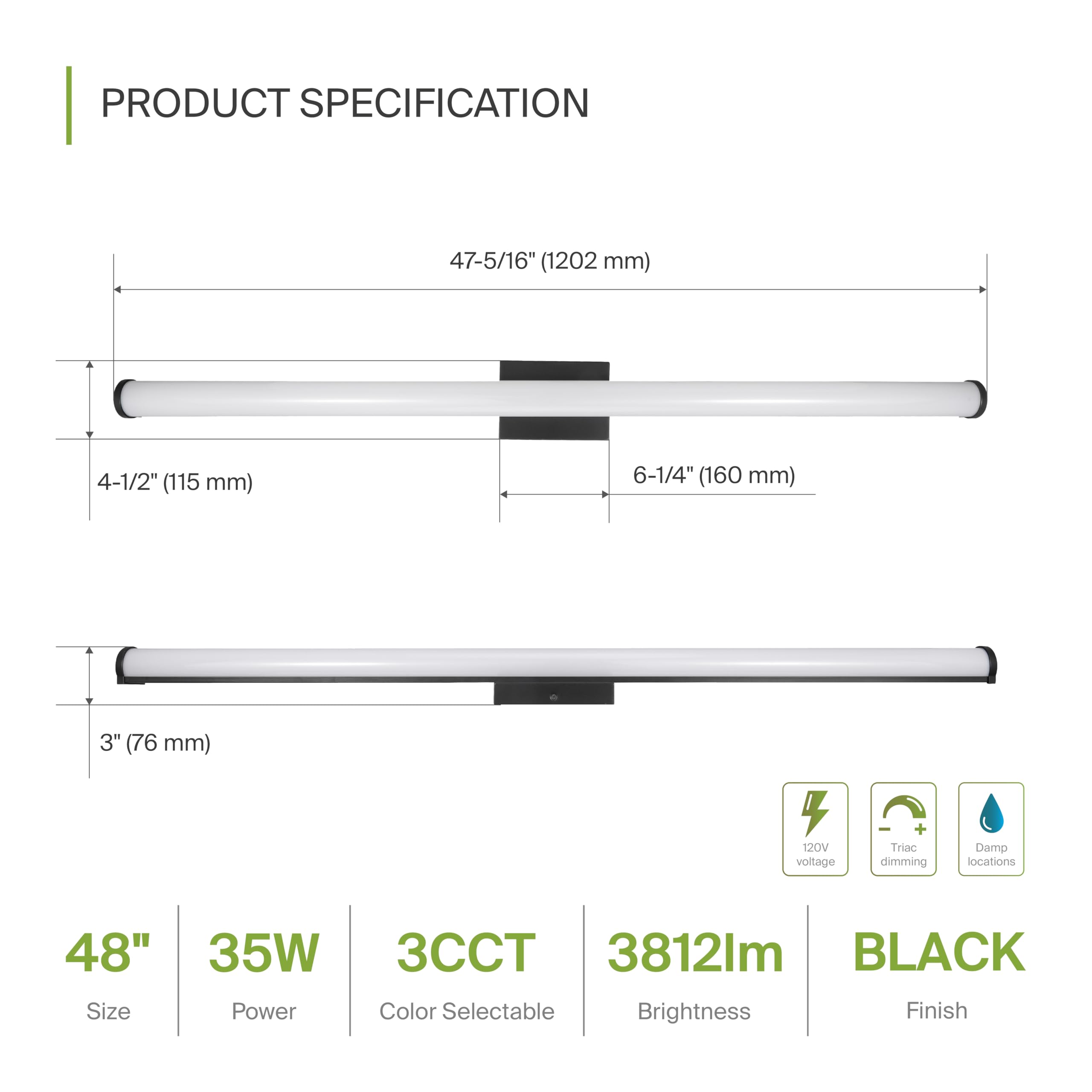 ASD LED Wall Mount Vanity Light Fixture 48 Inch 35W Dimmable Energy Star ETL Listed Black 4 Pack A-LVF23-48D35CC-B-4p