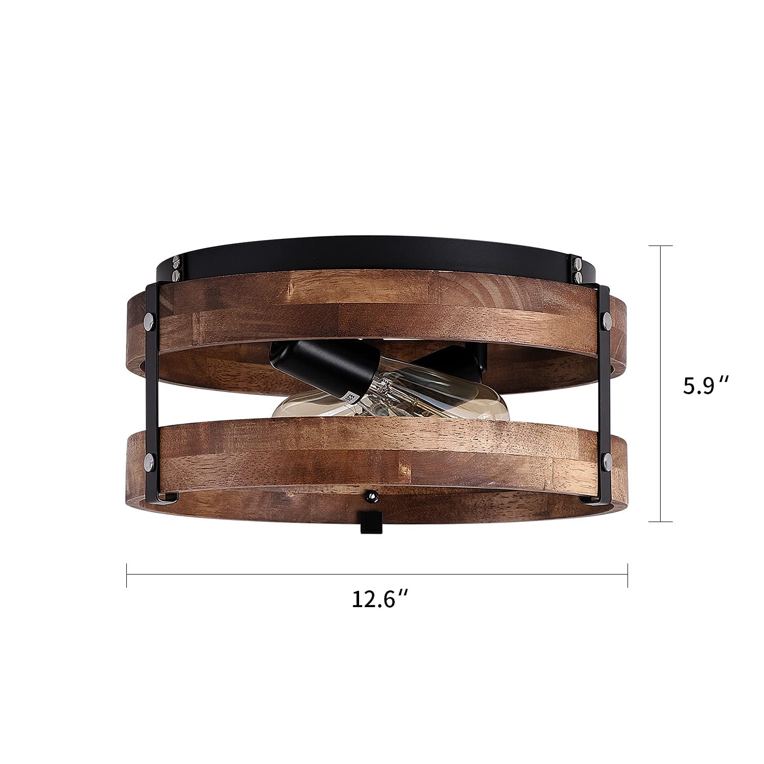 Fivess Lighting 2-Light Rustic Flush Mount Light Fixture Wood Black Oak Drum Ceiling Light for Hallway Bedroom Kitchen Entryway